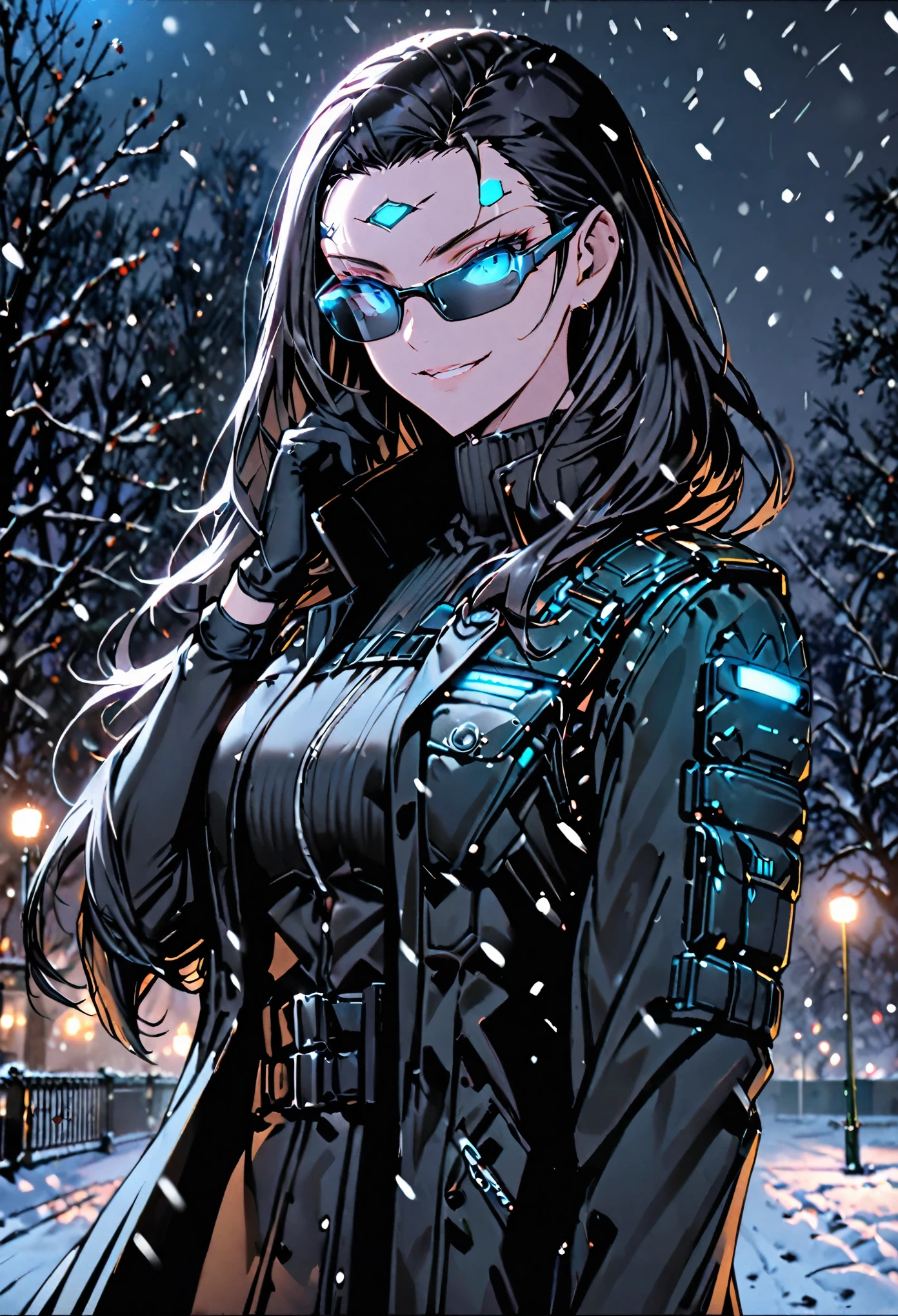 solo, female, tall, glowing blue eyes, slicked back hair, long hair, black trench coat, bullet-proof vest, smirk, black gloves, snow, park, night, JC Denton, circuitry on forehead, ((wearing sunglasses))