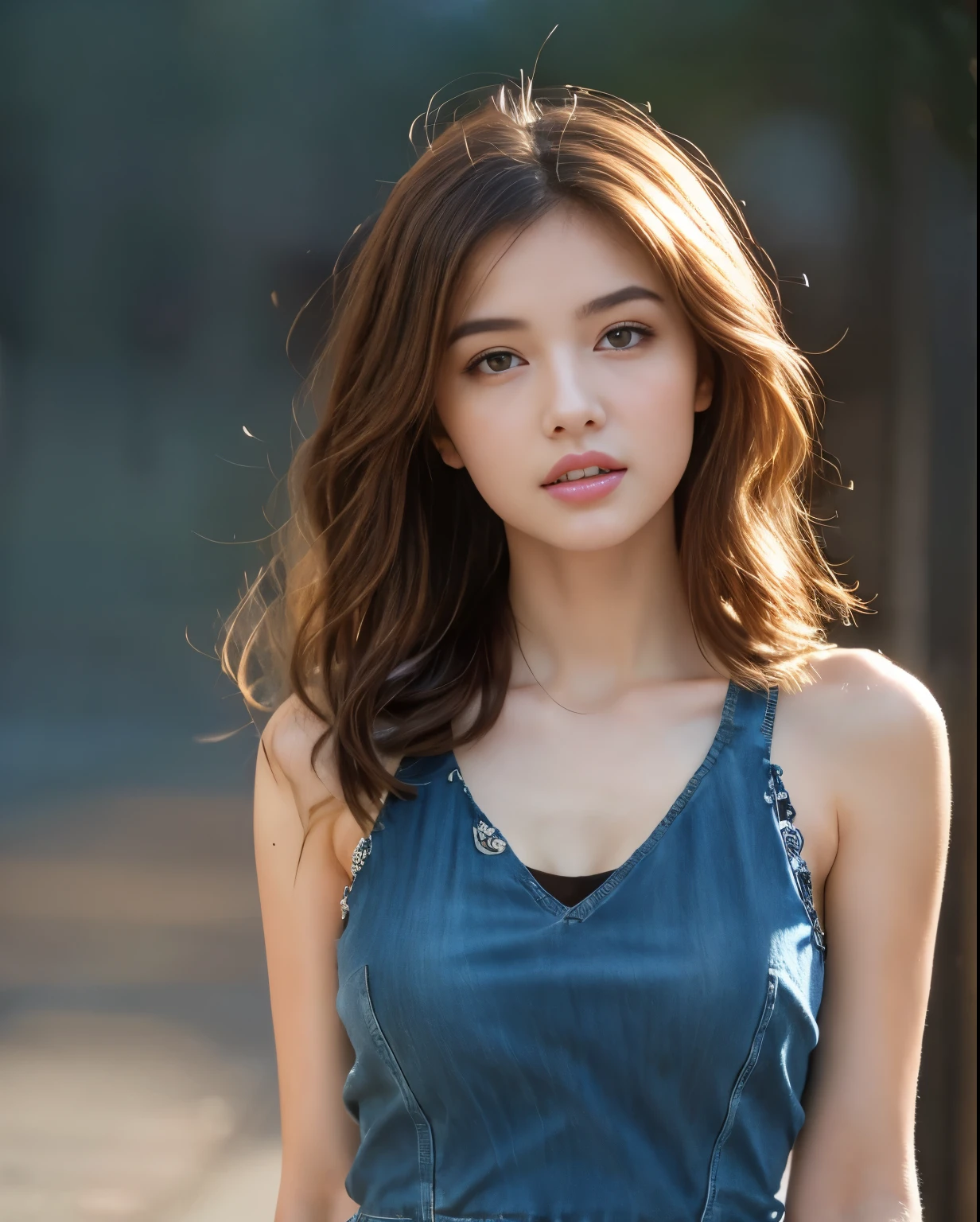 ((Mid-chest, Long Hair, Small Head)), Dawn, sunlight, (Defined Abs: 1.1), (Perfect body: 1.1), (Short Wavy Hair: 1.2), Auburn Hair, collar, Lock, Full body photo, Shabby Street, Wearing a black tank top, Denim jacket, ((Highly detailed CG 8k wallpaper), (Very delicate and beautiful), (masterpiece), (highest quality: 1.0), (Super Resolution: 1.0), Beautiful lighting, Perfect Lightning, Realistic Shadows, [High resolution], Detailed Skin, Super detailed