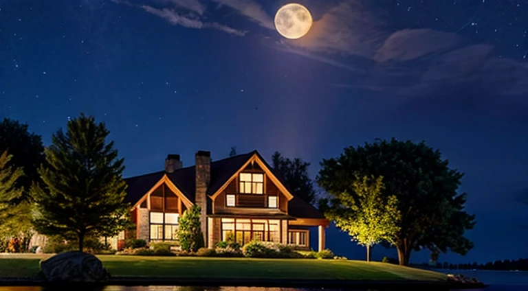 House around a lake full of trees on a full moon night.