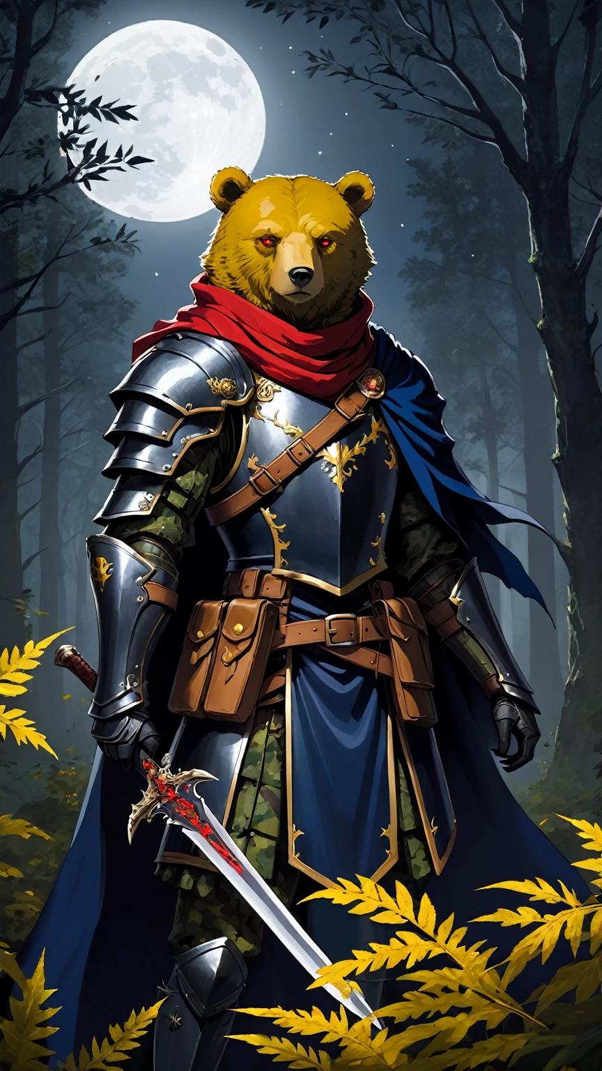 “anthropomorphic_bear vivid yellow eyes face detail”, wearing a camouflage leather armor, a dark blue mantle and a red-lived scarf holding a medieval dagger. Dark envoused forest at night in front of a huge moon, foliage, gloomy and dark environment, high in detail and improvement enhaced.