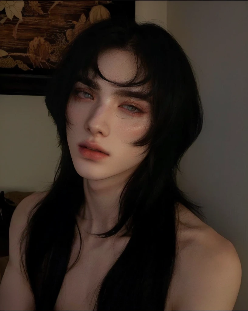 homem com longos cabelos pretos e sem camisa ohando para o lado de frente para camera, with pale skin, androgynous face, beautiful androgynous boy, androgynous boy portrait, Asian, fofo, labios carnudos, pale gothic beauty, fair and pale skin!!, an epic non-binary model, androgynous person, smooth and pale skin, androgynous man, (12x) extremely pale white skin, garoto fofo, olhos puxados, homem asiatico, jimin do bts, sunoo enhypen
