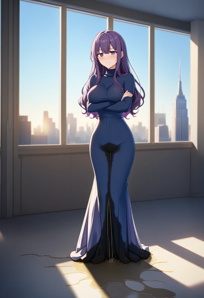 (masterpiece:1.37), best quality, (extremely detailed:1.37), office, window overlooking a bustling cityscape, woman, (mature:1.75), (adult:1.5), (very long hair:1.5), dark purple hair, purple eyes, (extremely detailed eyes:1.37) shining eyes, breasts, turtleneck sweater, (skintight:1.25), (very long dress:1.5), (wetting herself:2.0), standing straight, (desperation:3.0), full body day, daytime, glow, facing viewer, perfect composition, Perfect light and shadow, 8K, (arms crossed:1.5)