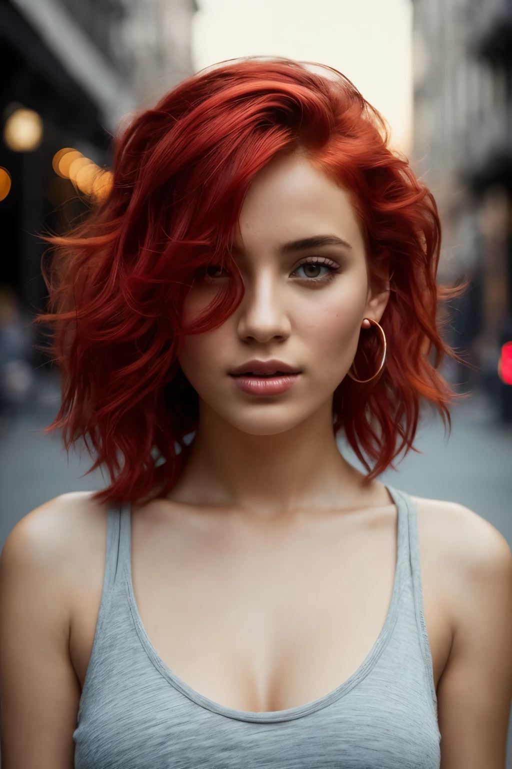 beautiful girl, full body portrait, short bright red disheveled hair, (street style wear:1.2), (street in Background:1.2), digital art, trending on artstation, highly detailed, fine detail, intricate, beautiful detailed glow, detailed, Cinematic light, highres, detailed facial features,sharp focus, smooth, aesthetic, happy, relaxed, realistic