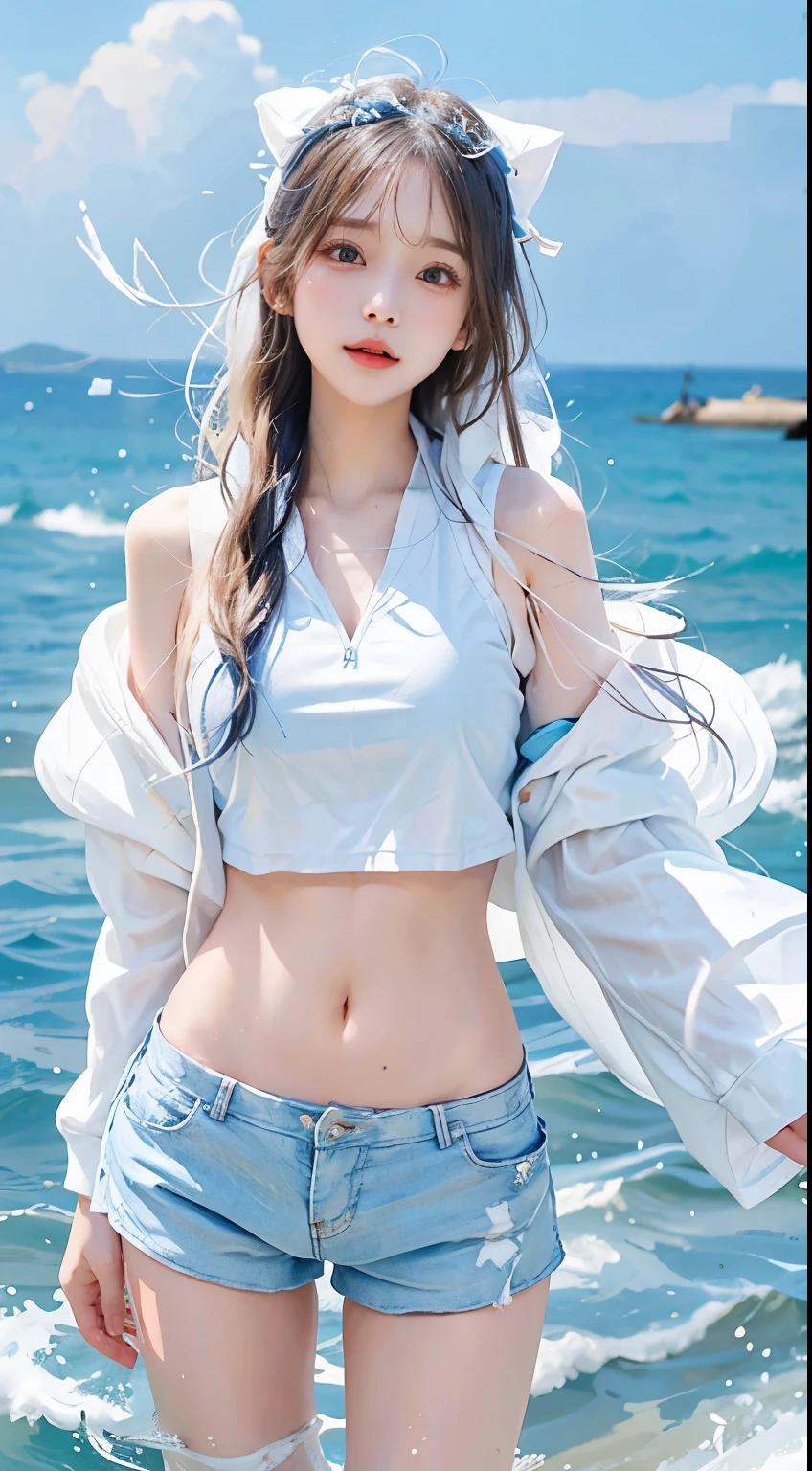 In the clear blue sea、Wearing a white hoodie fluttering in the wind、A woman wearing shorts、standing on the waves。Her hair is long、Shine white、Swaying in the waves。belly button。