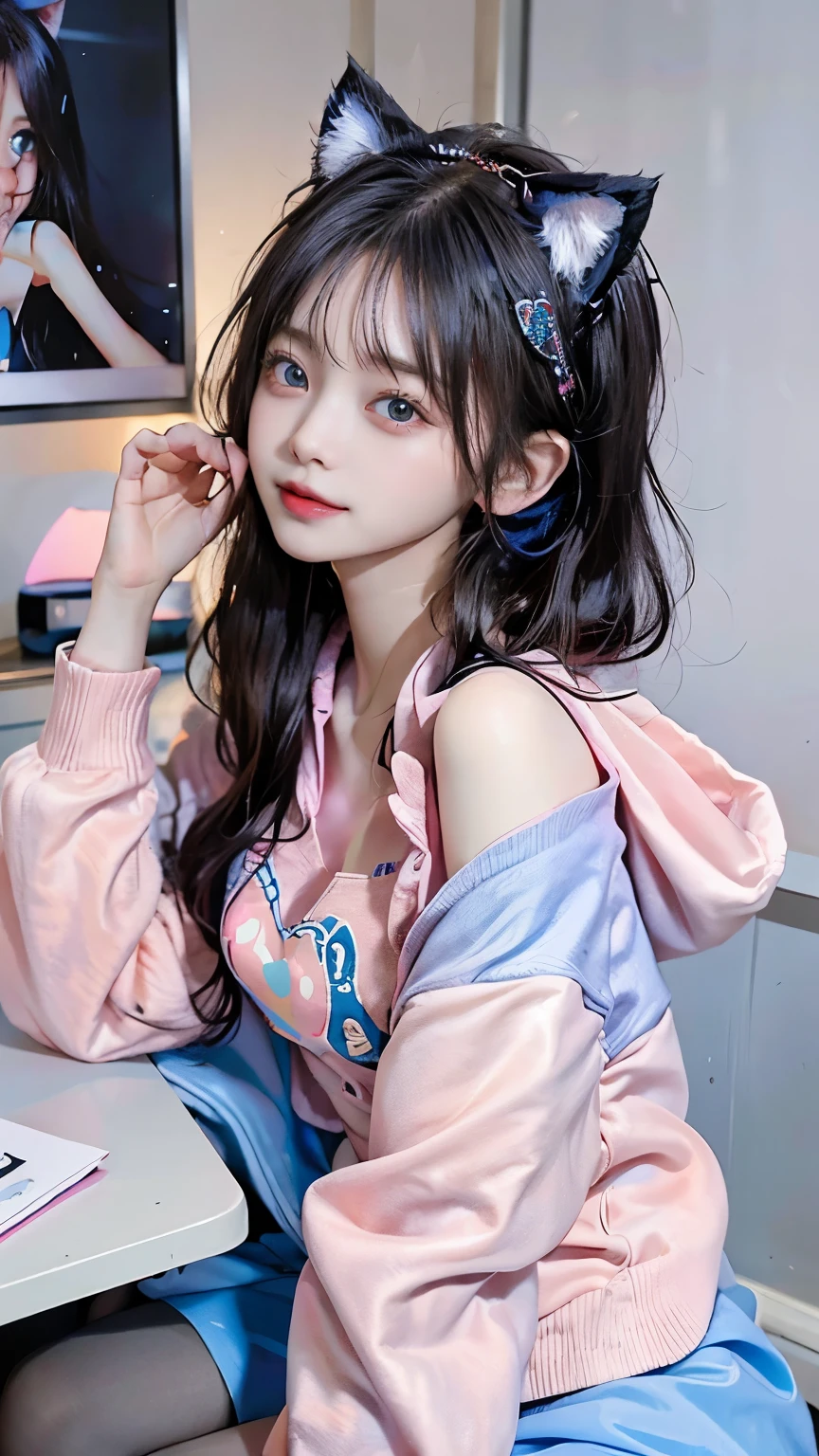 /imagine a beautiful anime girl live streaming from her room, with long black hair, big blue eyes, wearing a pink hoodie and a cute headset with cat ears, sitting in front of a modern computer setup with colorful LED lights, surrounded by plushies and posters on the wall, smiling and engaging with her audience, bright and cheerful atmosphere
