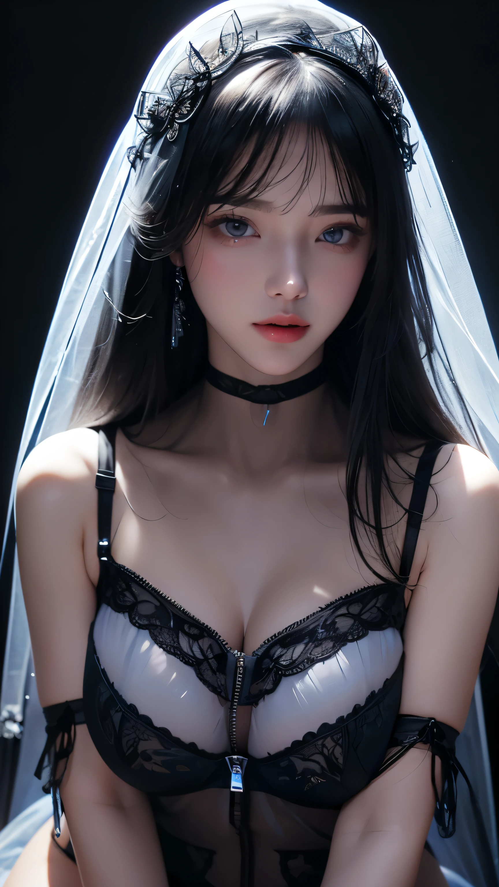 masterpiece, highest quality, Super detailed, Facing the camera, Super detailed, Realistic, Sharp features, Very detailed, Sharp focus, Perfect Face, Perfect symmetrical perfect eyes, Perfect Plump Lips, Flexible female form, Cinematic, Film Light, Super detailed, hyper Realistic, masterpiece, Atmospheric, High resolution, Vibrant, Dynamic Studio Lighting, ((Dark Background)), The expression when enduring pleasure, Straight bangs, blue eyes,Sexually aroused expression、(((She is wearing revealing black lingerie and a long transparent veil.)))、(((Front zipper)))