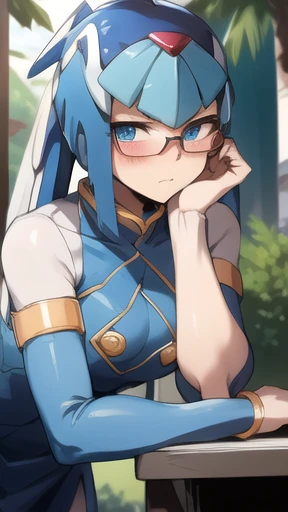 Leviathan_Megamanz, 1 Girl, looking at viewer, blue hair, Blue eyes, Tree background , Blushed , Dress , Wedding ring, Leaning on a table , Thoughtful pose , Glasses