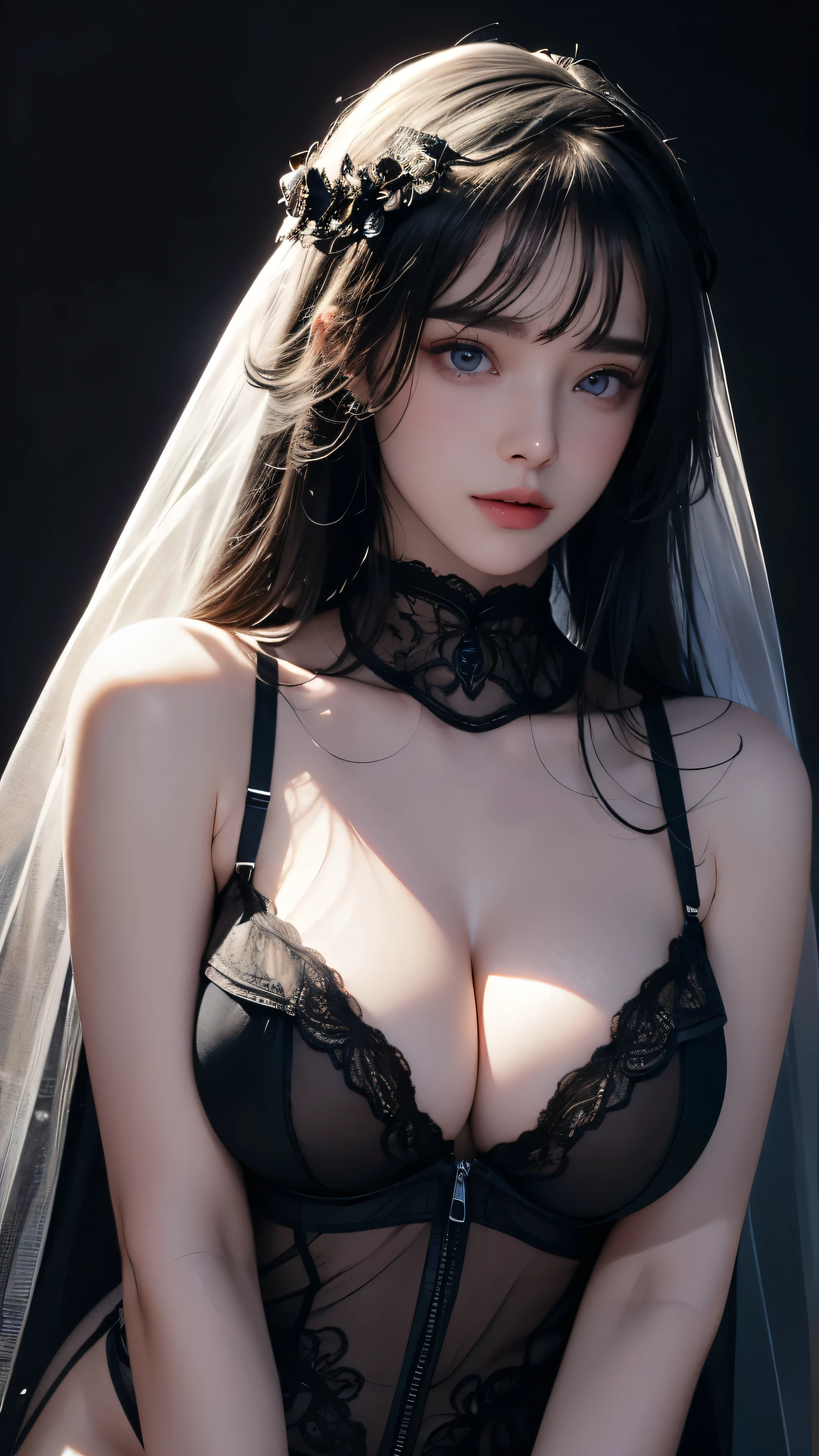 masterpiece, highest quality, Super detailed, Facing the camera, Super detailed, Realistic, Sharp features, Very detailed, Sharp focus, Perfect Face, Perfect symmetrical perfect eyes, Perfect Plump Lips, Flexible female form, Cinematic, Film Light, Super detailed, hyper Realistic, masterpiece, Atmospheric, High resolution, Vibrant, Dynamic Studio Lighting, ((Dark Background)), The expression when enduring pleasure, Straight bangs, blue eyes,Sexually aroused expression、(((She is wearing revealing black lingerie and a long transparent veil.)))、(((Front zipper)))