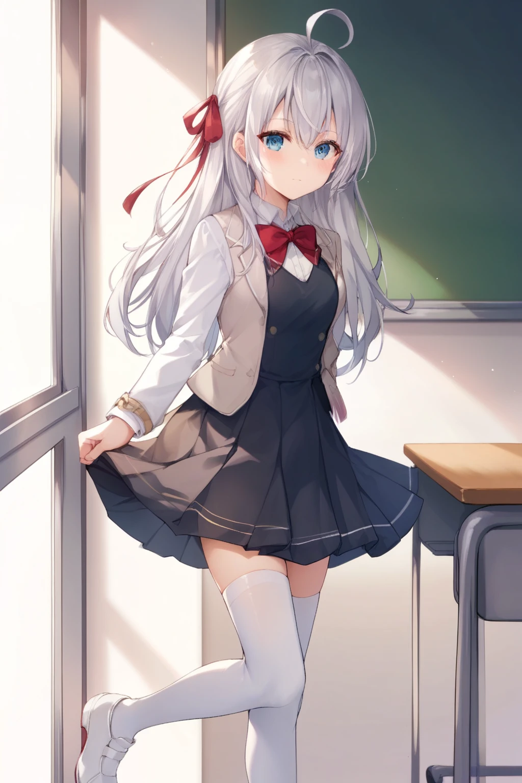 score_9, score_8_up, score_7_up, score_6_up, score_5_up, score_4_up, BREAK source_anime, alisa mikhailovna kujou, blue eyes, silver hair, long hair, red hair ribbon, white shirt, ahoge, white shoes, black vest, school black dress, white thighhighs, short beige blazer, red bowtie, standing,