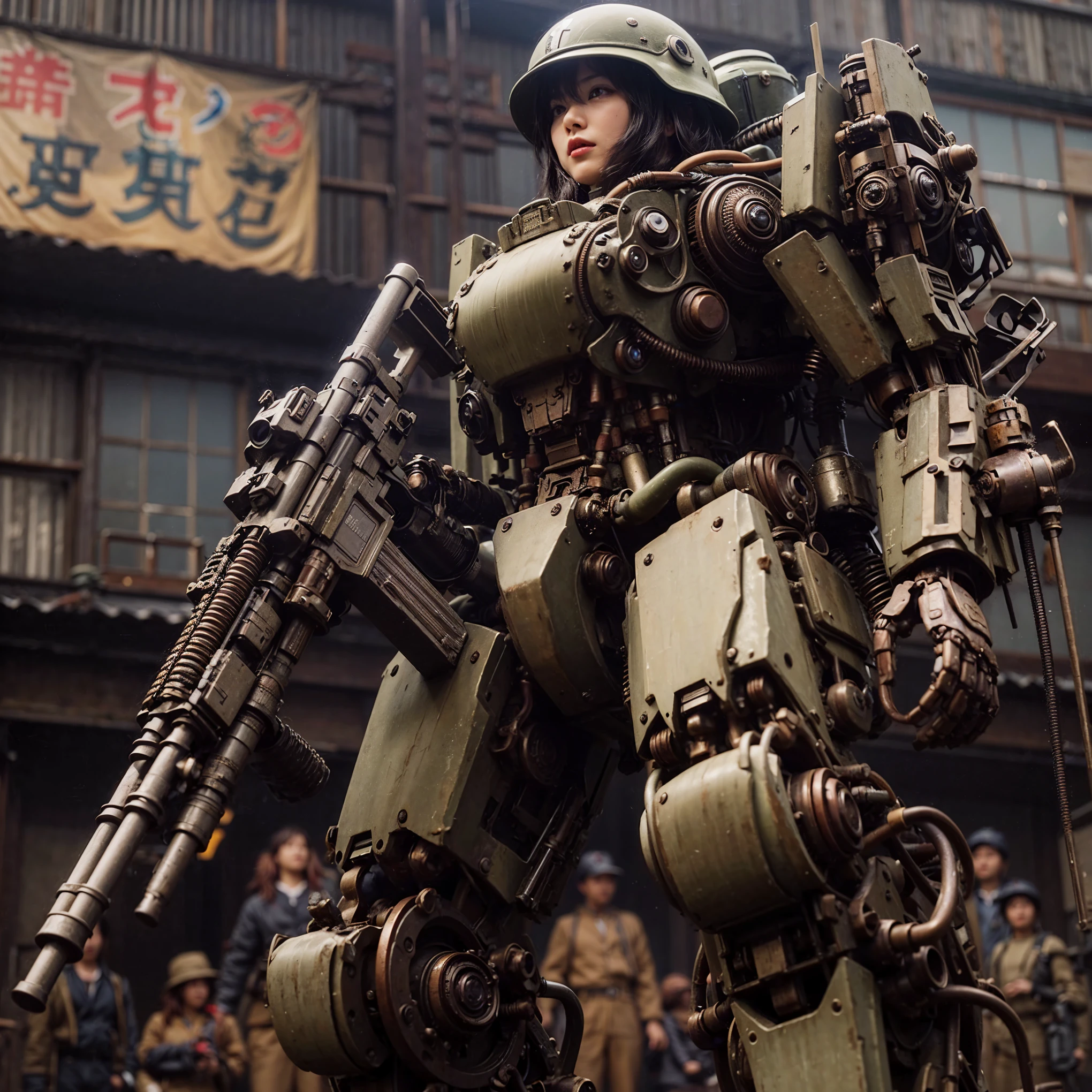 superrealism, ultra high res,8k,(Photorealsitic:1.4), (WWⅡ-like mechanical suit:1.2), designed by Hajime Katoki,heavy weapons,vivid textures,animal legs, gradation hair, japanese female soldier,(ultra beautiful face),((super realistic all textures)), ((super intricate all details)), full body shot, ultra sharp photo result, Olive Drab color, scratch, Rust, weathering, steampunk, taken with Fuji film X-T30+Nokton. HDR10,Minimum of 4 pieces created