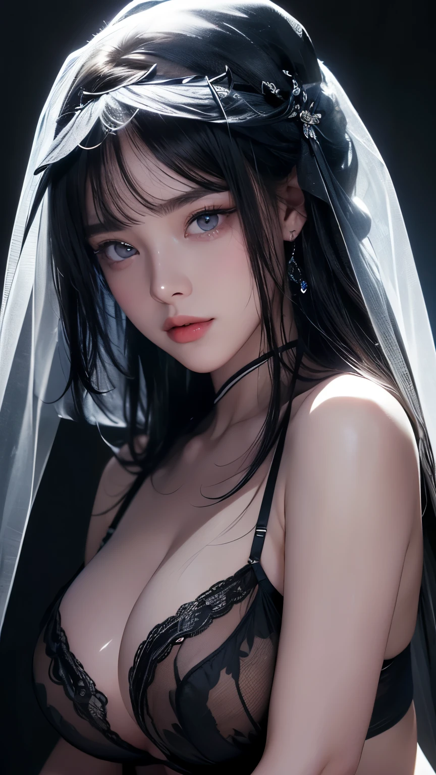 masterpiece, highest quality, Super detailed, Facing the camera, 複雑に詳細なSuper detailed, Realistic, Sharp features, Very detailed, Sharp focus, Perfect Face, Perfect symmetrical perfect eyes, Perfect Plump Lips, Flexible female form, Cinematic, Film Light, Super detailed, hyper Realistic, masterpiece, Atmospheric, High resolution, Vibrant, Dynamic Studio Lighting, ((Dark Background)), The expression when enduring pleasure, Straight bangs, blue eyes,Sexually aroused expression、(((She is wearing revealing black lingerie and a long transparent veil.)))