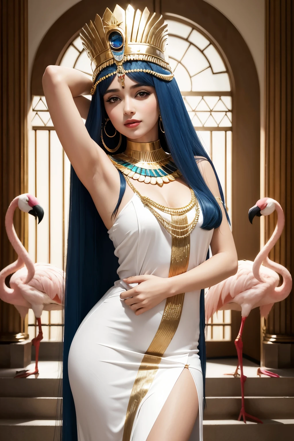 1 mulher, cor olho castanho claro, vestido de cleopatra, Pharaoh, flamingo, beija flor, sentada no trono, Egyptian headdress , cor do cabelo castanho claro, vestido egipcio, ao lado, piramide no fundo, mulher seria, rosto brava, muitos acessorios egipcios, maquiagem egipcia, Egyptian headdress, vestido longo, vestido solto,flamingo hug, flamingos em volta,