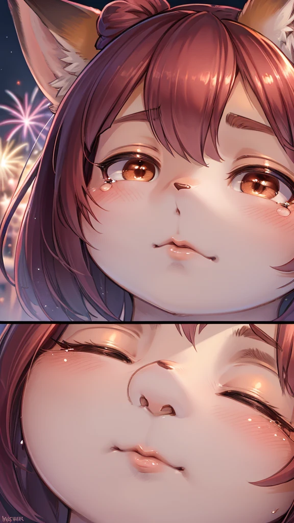Hallucination, daydream , fantastic , Fear , bokeh , fox girl , hair tie , Medium hair , up hair , natsu matsuri , Japanese festival , Sensual nape , Fireworks display , front view , (closeup face:1.9) , glossy lips , round face , detail , Close eyes and pout , Waiting for a kiss