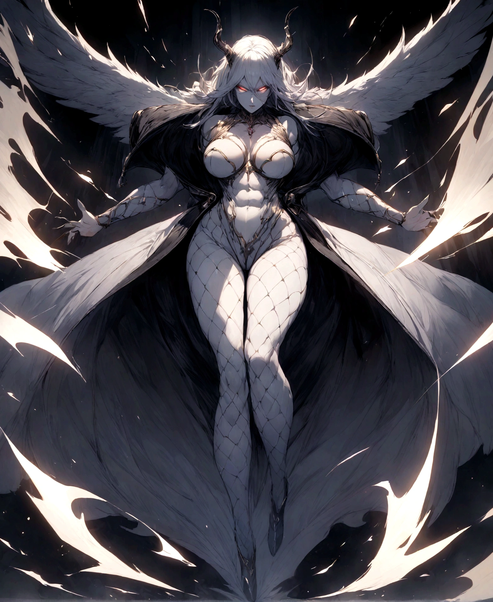 (((full body))) Head: Oval face surrounded by white fur, and piercing glowing eyes.**

**Face: prominent cheekbones, full lips.**

**Torso: Hourglass shape, round large breasts, firm and smooth to the touch.**

**Abs: Toned abs beneath glowing skin.**

**Lower body: thick, shaped thighs and hips surrounded by fishnets, and a long, swinging tail.**
