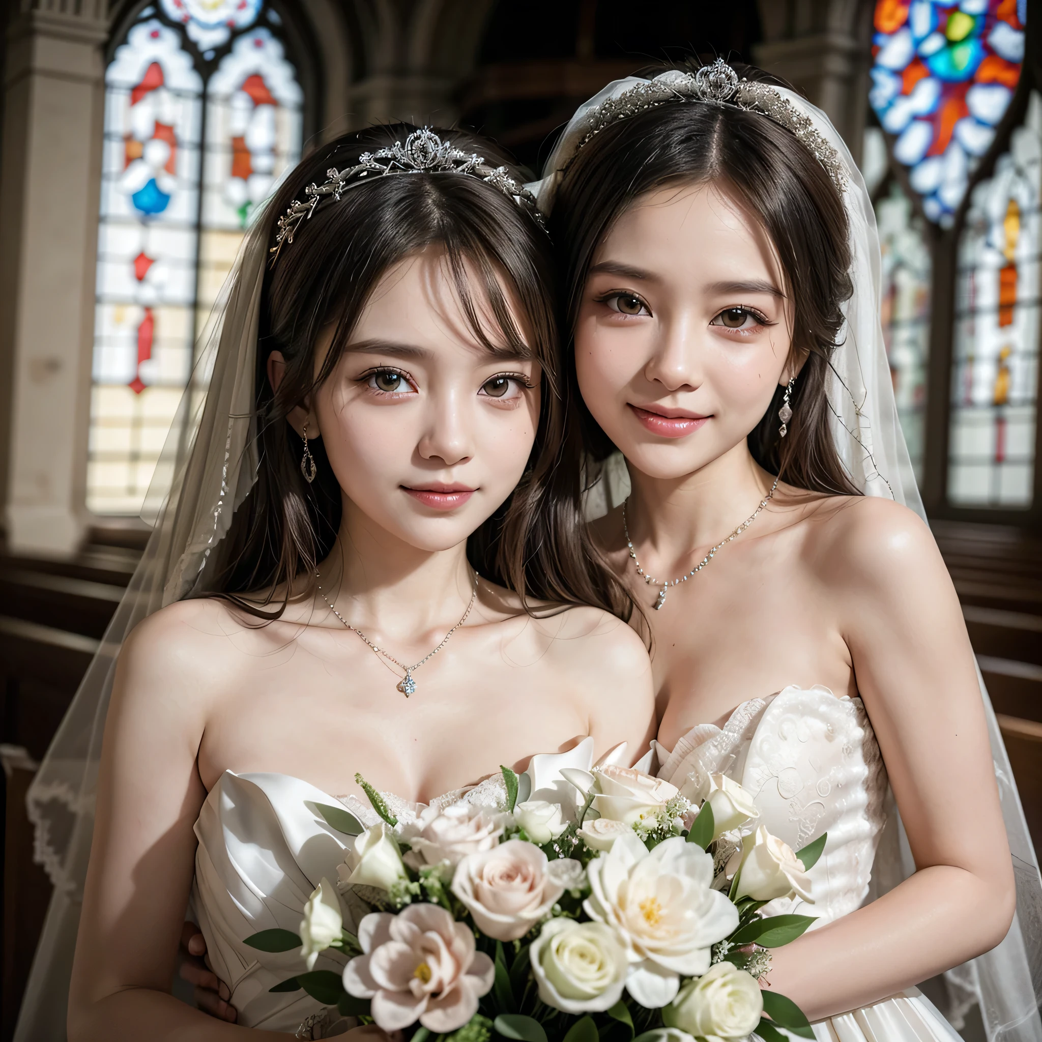 (kawaii face), (flat chest:1.2), happy smile, makeup, (Beautiful frills and lace cute wedding dress, bare shoulders:1.3), (tiaras, necklaces, earrings), Ultra High Definition, Superior Quality, Premier Quality, ultra detailed, Photorealistic, 8k, RAW Photos, highest quality, masterpiece, professional photography, Realistic portrait, Beautiful detailed, Close up portrait of girl, (chapel, stained glass), bouquet, flower decoration, beautiful bride pictures, (Fine face:1.2),