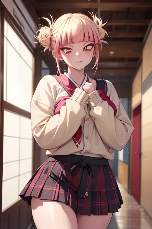 Himiko Toga was wearing her traditional Japanese , with the stunning plaid skirt. For an edgier touch, the skirt was a little shorter than usual, allowing a glimpse of her delicate panties. The fabric was soft and decorated with pink bows, complementing Himiko's adorably disturbing personality. She walked down the school hallway, showing off her sensuality while her underwear was subtly revealed, sparking the imagination of those watching her. 😏💕 💕