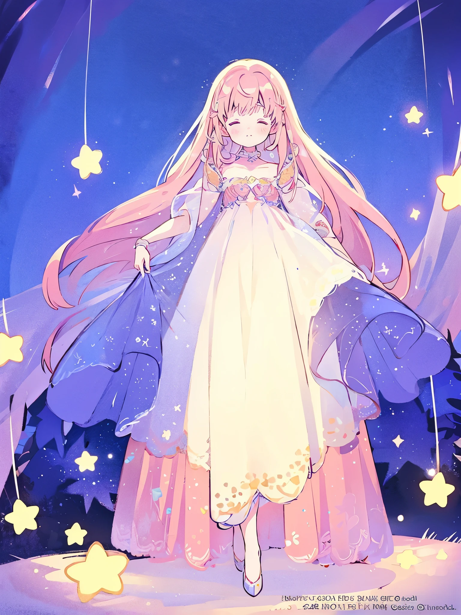 complex background, wishing star background, a woman wearing an ethereal mystical pink translucent dress that reflects the stars, perfume promo art, mystic, complex drawing, highly detailed, Covergirl brand, promo art, artistic rendition, ethereal, starry night, midjourney style