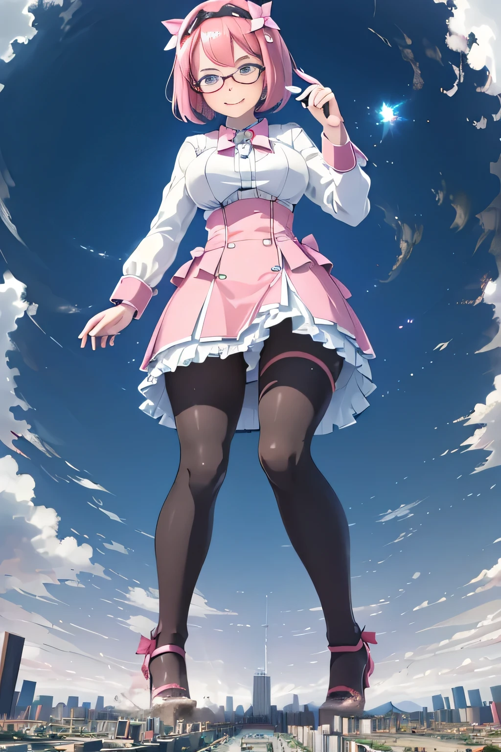 giantess art, highly detailed giantess shots, giantess, Two legs, Five fingers, short hair, A beautiful girl who is bigger than a skyscraper, Wearing rimless glasses, smile, , pink dress, bow, magical girl, magical wand, black pantyhose, stiletto heels, Lightning strike from the staff, Destroying cities, A very small big city, Miniature metropolis, Full body description, GTS, giga giantess, stomping city, crash city, tiny city, micro city, pantyhose feet, resolution, highest quality, masterpiece, 