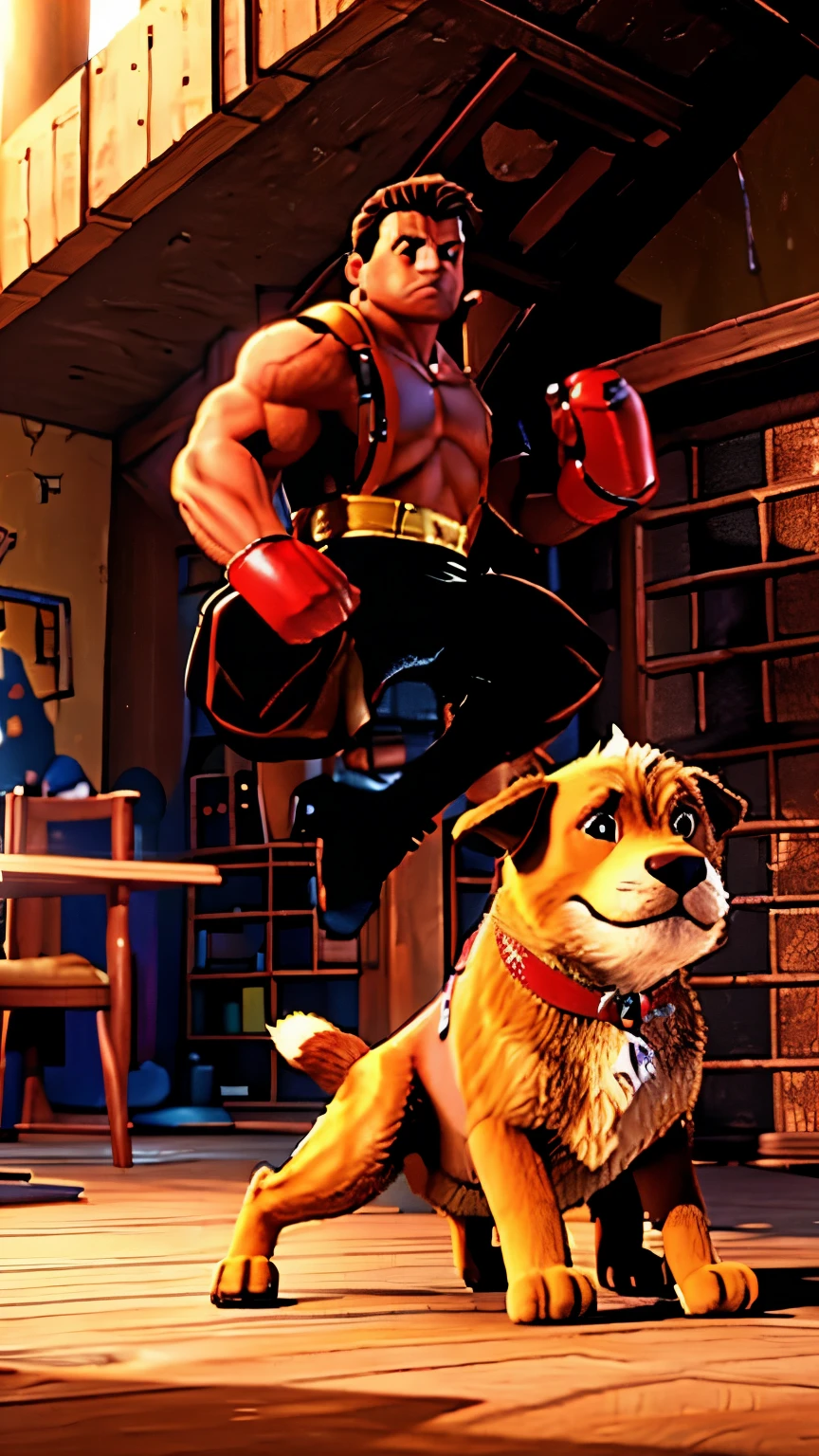 create in 3D resolution, HD AND 4K A brown dog, alto, strong and muscular wearing giving mma blows to the yellow dog,alto,strong and muscular man wearing shorts and red boxing gloves and falling to the floor of the ring .with natural lighting. Ao fundo varioas pessoas essistindo e aplaudindo a luta
