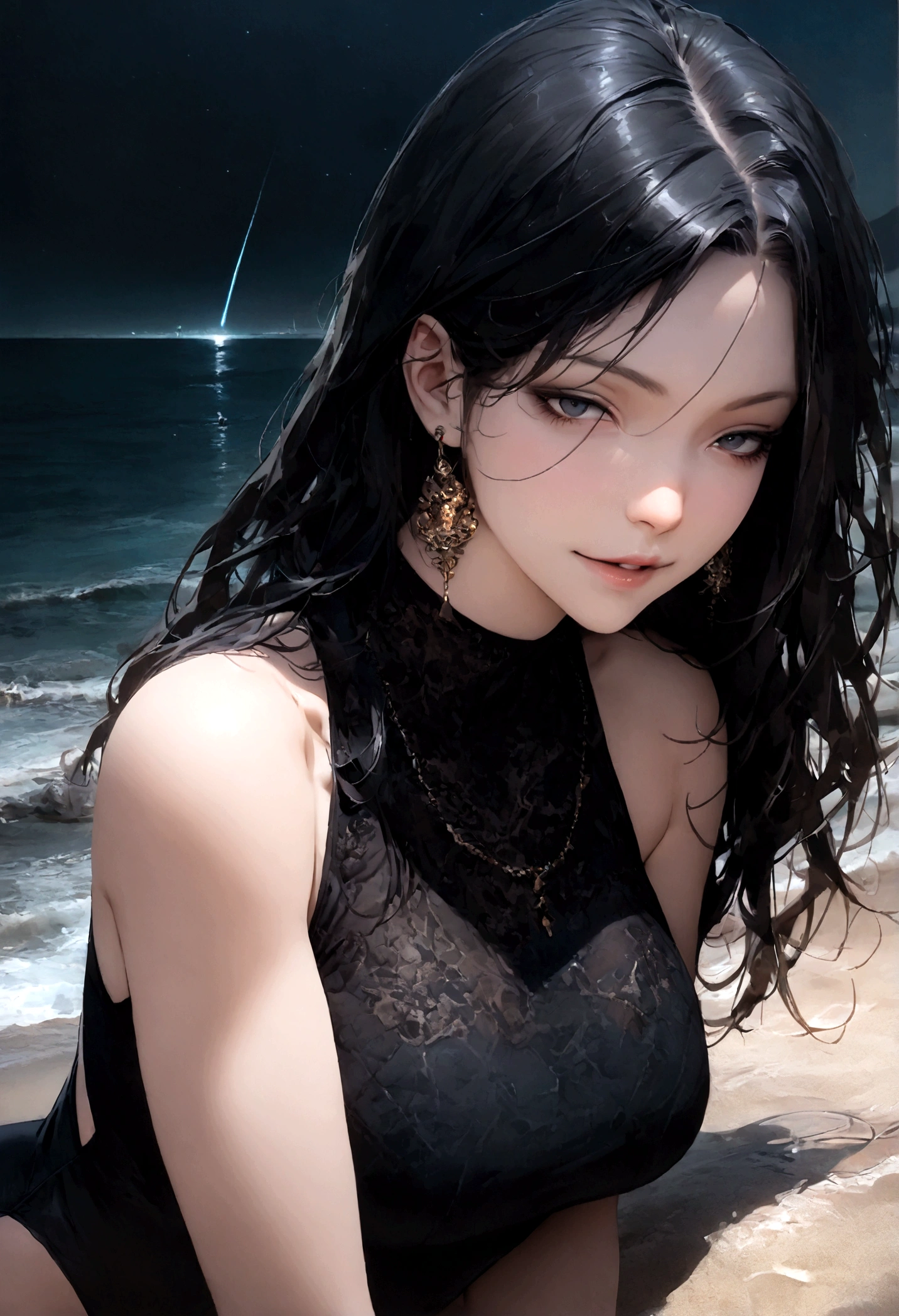 8k, masterpiece, RAW Photos, highest quality, Realistic, Very detailed, Depth of written boundary, Cinematic Light, Anatomically correct body,
One beautiful 40 year old woman, Very beautiful face, Exquisitely detailed face, (A seductive face:1.4), Very delicate skin texture, Transparent muscle, Shiny white skin, Glamorous Body,
(Wavy black long hair:1.2), (Sexy Breasts:1.1),
(Bold high-cut swimsuit:1.2), (Detailed cloth texture:1.2), (Gorgeous necklace:1.1), (Gorgeous earrings:1.1),
(Dark starry background:1.4), (Milky Way:1.1), (milky way:1.1), (shooting star:1.1), (Dark coastline at night:1.4), (Pitch black sea surface:1.4),
(Standing in shallow water on a sandy beach:1.2),
(Beautiful back view:1.2),