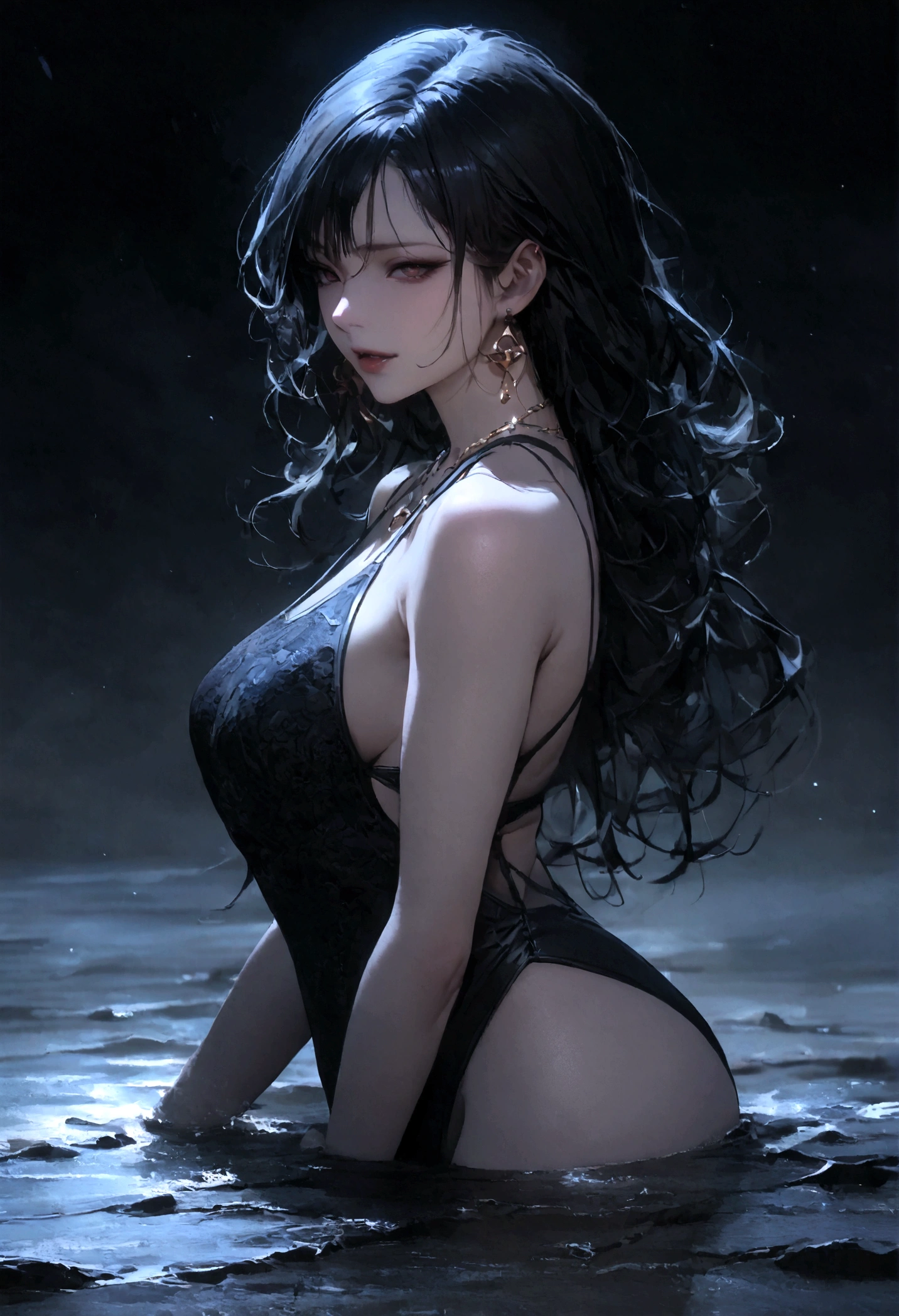 8k, masterpiece, RAW Photos, highest quality, Realistic, Very detailed, Depth of written boundary, Cinematic Light, Anatomically correct body,
One beautiful 40 year old woman, Very beautiful face, Exquisitely detailed face, (A seductive face:1.4), Very delicate skin texture, Transparent muscle, Shiny white skin, Glamorous Body,
(Wavy black long hair:1.2), (Sexy Breasts:1.1),
(Bold high-cut swimsuit:1.2), (Detailed cloth texture:1.2), (Gorgeous necklace:1.1), (Gorgeous earrings:1.1),
(Dark starry background:1.4), (Milky Way:1.1), (milky way:1.1), (shooting star:1.1), (Dark coastline at night:1.4), (Pitch black sea surface:1.4),
(Standing in shallow water on a sandy beach:1.2),
(Beautiful back view:1.2),