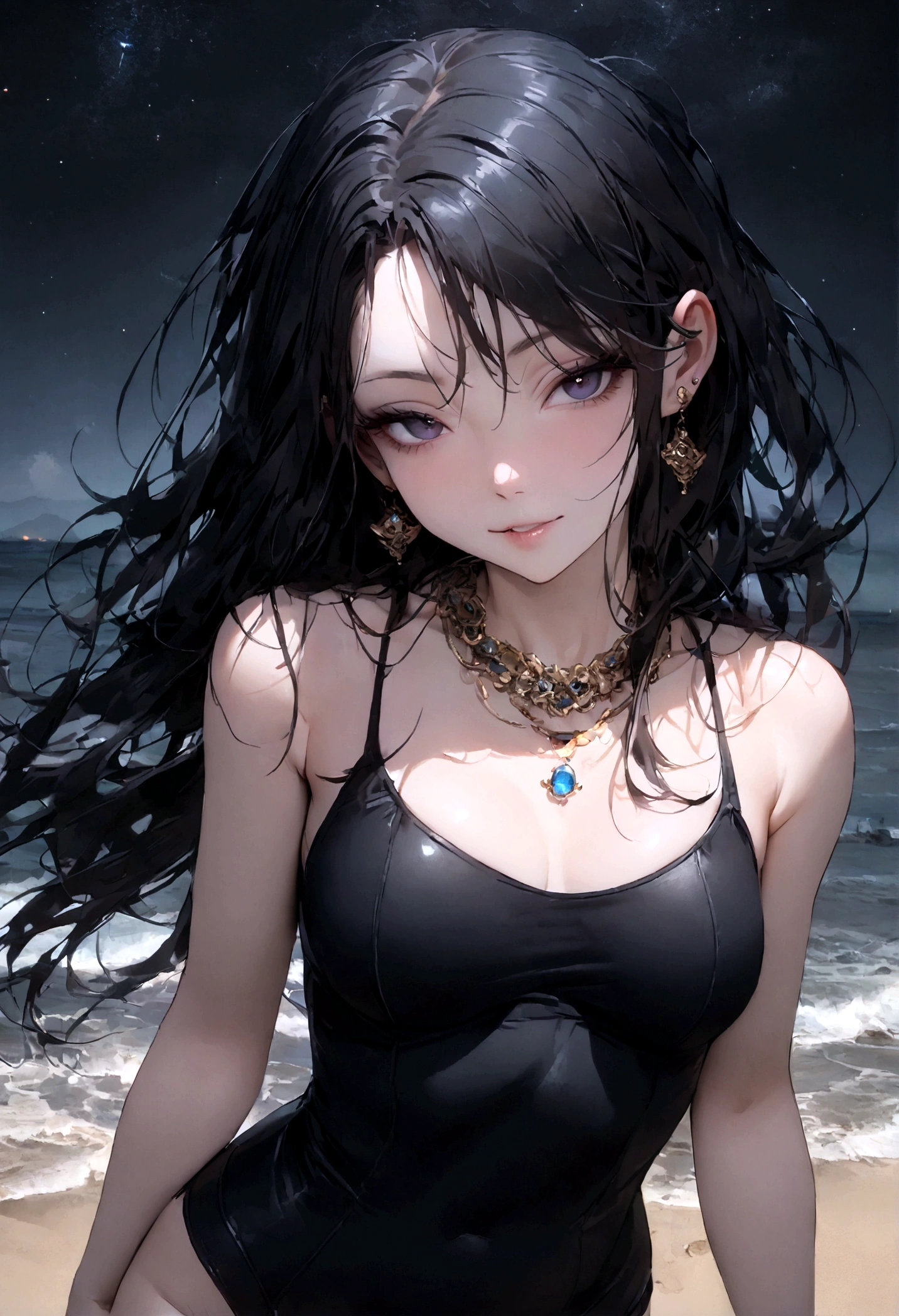 8k, masterpiece, RAW Photos, highest quality, Realistic, Very detailed, Depth of written boundary, Cinematic Light, Anatomically correct body,
One beautiful 40 year old woman, Very beautiful face, Exquisitely detailed face, (A seductive face:1.4), Very delicate skin texture, Transparent muscle, Shiny white skin, Glamorous Body,
(Wavy black long hair:1.2), (Sexy Breasts:1.1),
(Bold high-cut swimsuit:1.2), (Detailed cloth texture:1.2), (Gorgeous necklace:1.1), (Gorgeous earrings:1.1),
(Dark starry background:1.4), (Milky Way:1.1), (milky way:1.1), (shooting star:1.1), (Dark coastline at night:1.4), (Pitch black sea surface:1.4),
(Standing in shallow water on a sandy beach:1.2),
(Beautiful back view:1.2),