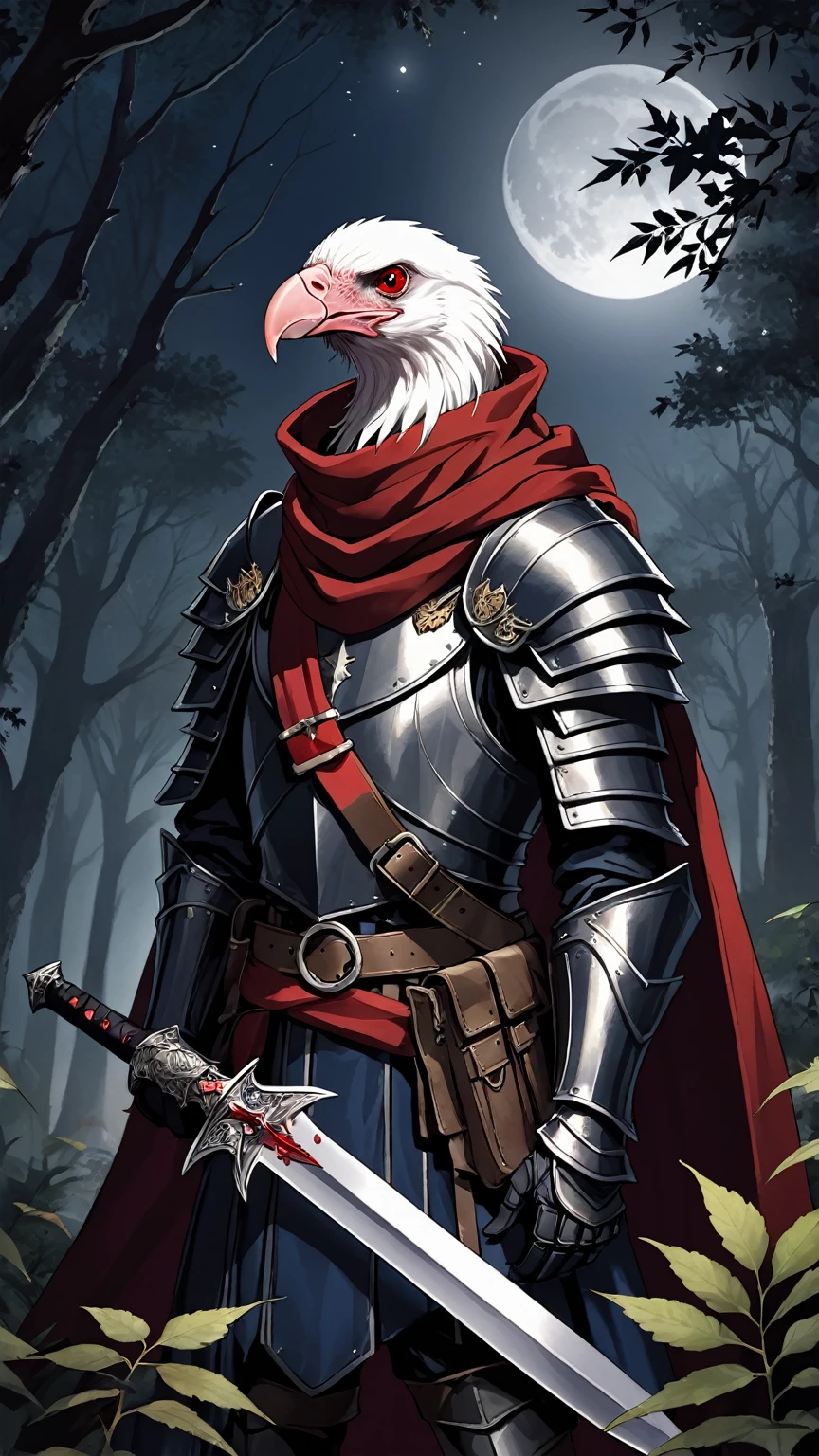 “anthropomorphic_vulture vivid eyes face detail”, wearing a camouflage_leather armor, a dark blue mantle and a red-lived scarf holding a medieval dagger. Dark envoused forest at night in front of a huge moon, foliage, gloomy and dark environment, high in detail and improvement enhaced.