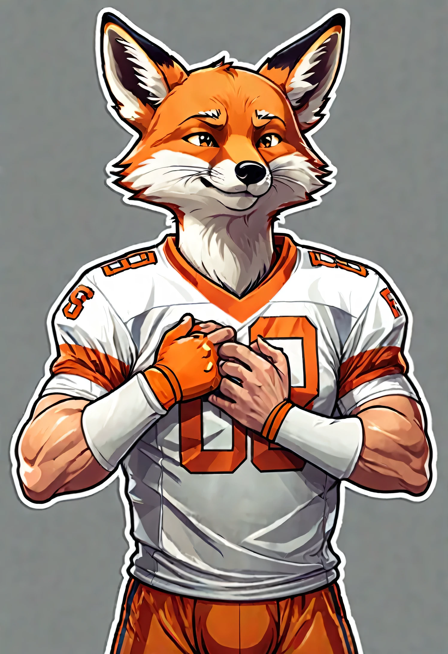 stickers character stern fox football player presses his hands to his chest, bends over, apologizes, asks for forgiveness, in the style of Vladimir Suteev