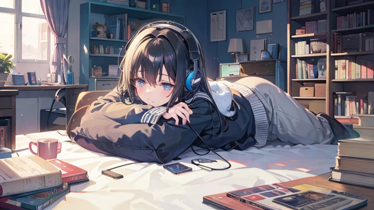 A room with a messy desk and books. Lying on the sofa、Anime illustration of a black-haired girl sleeping with headphones on and her chin resting on them while listening to music、Dark Eyes、Japanese