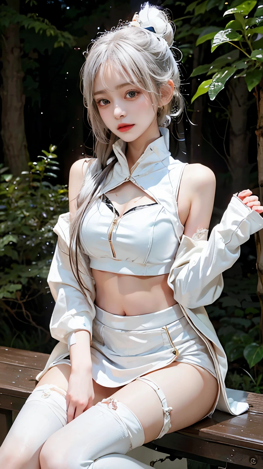 hoodie。From the knee up。Only the navel is exposed。White Hair。in the forest。mini skirt。Knee socks。Standing posture。