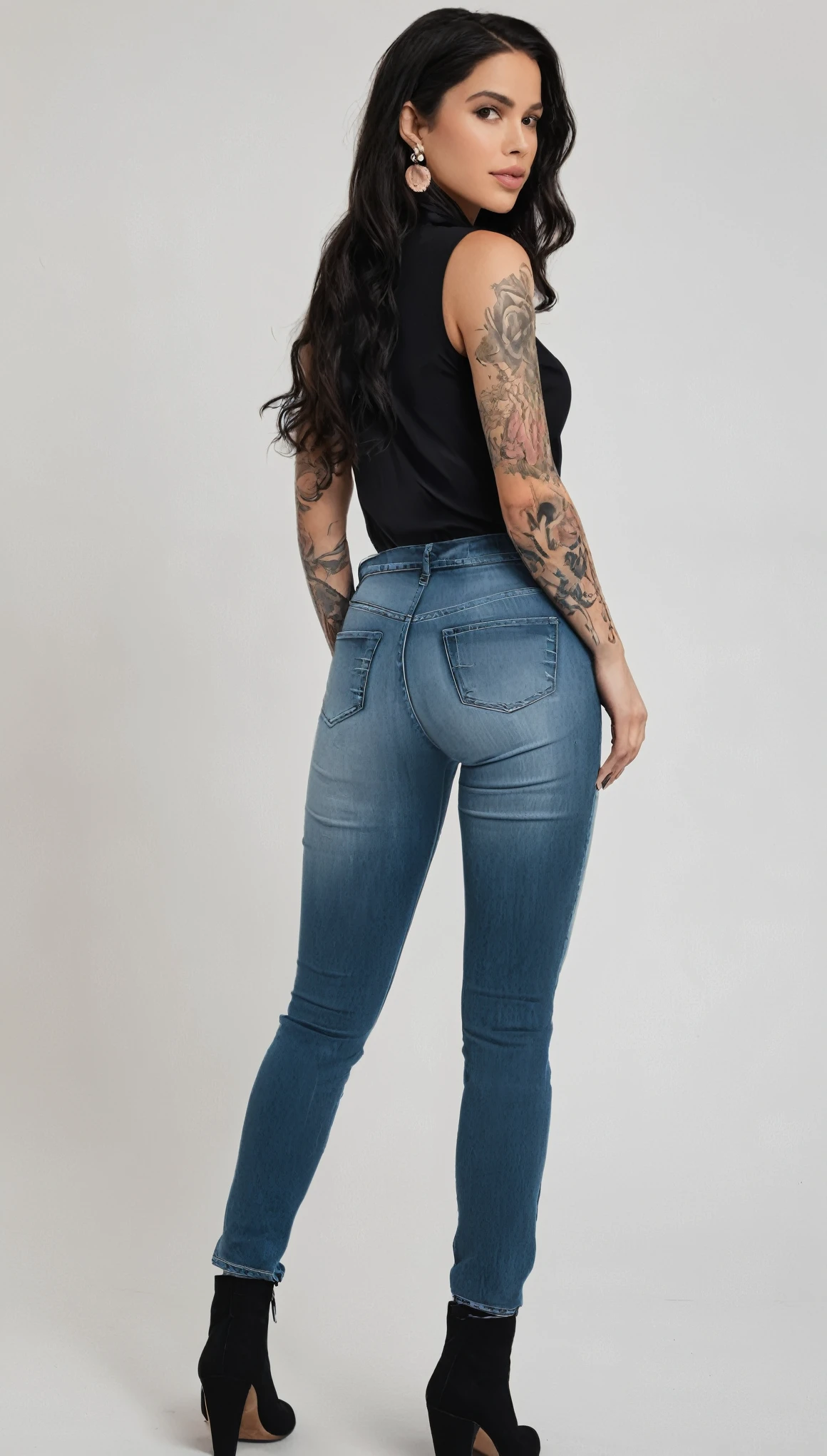 MULHER , CABELO PRETO LONGO ONDULADO, JAQUETA DE COURO , BLUSA BRANCA, PELA CLARA BRANDA, SUADA, BATOM ROSA, Jeans, POSE DE BATALHA, standing, BOTAS PRETAS CURTAS, tattooed arm, CORPO MAGRO BEM DEFINIDO, PERNAS BONITAS, MOCHILA COM NOTEBOOK.