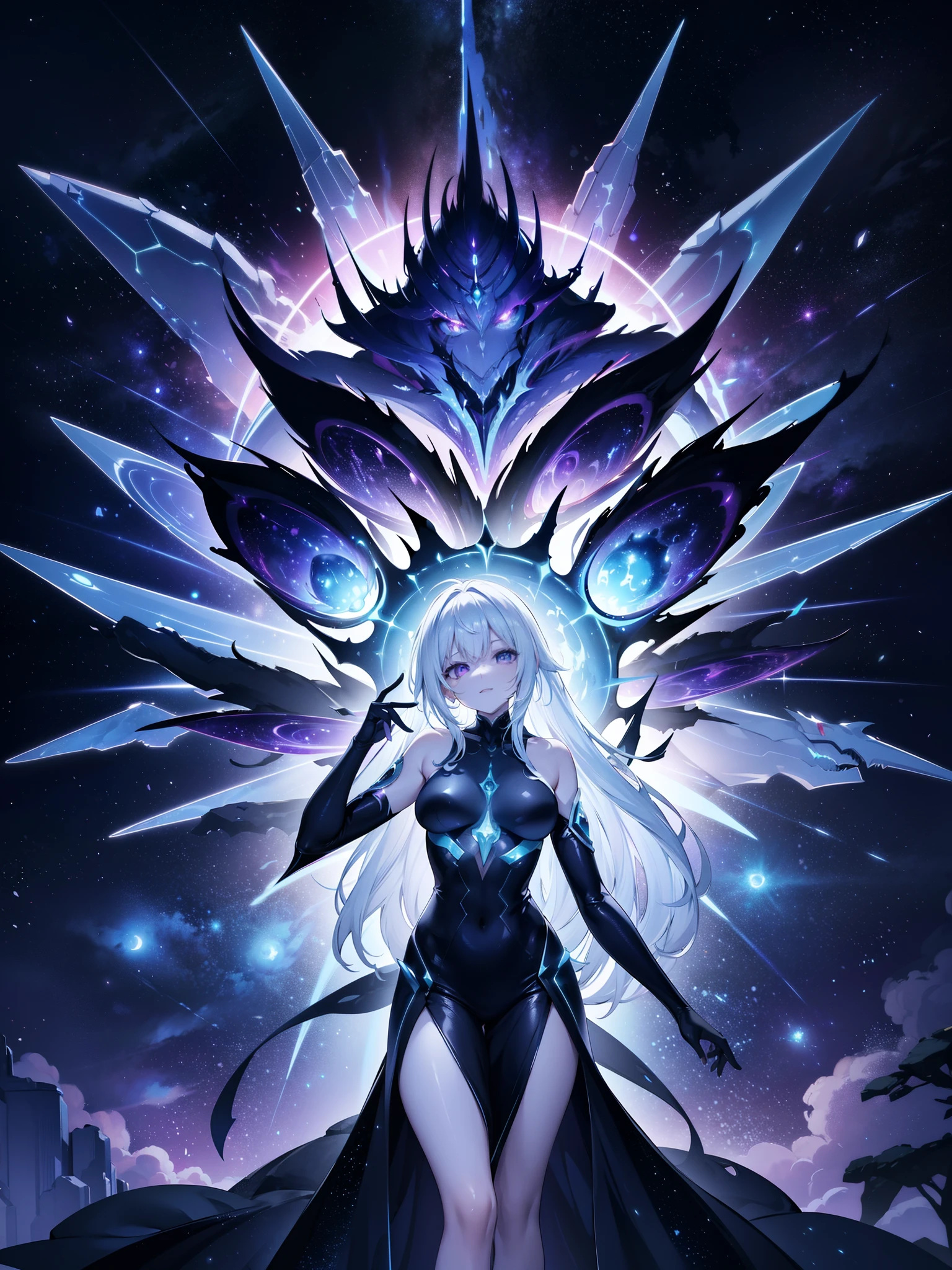 Create a mesmerizing cosmic scene featuring space dragon with evil maw ,nebula-like formations, glowing celestial bodies, and radiant energy waves that intertwine, illuminating the dark space with vibrant dim hues of blue and purple. amazing and outstanding quality:1.4