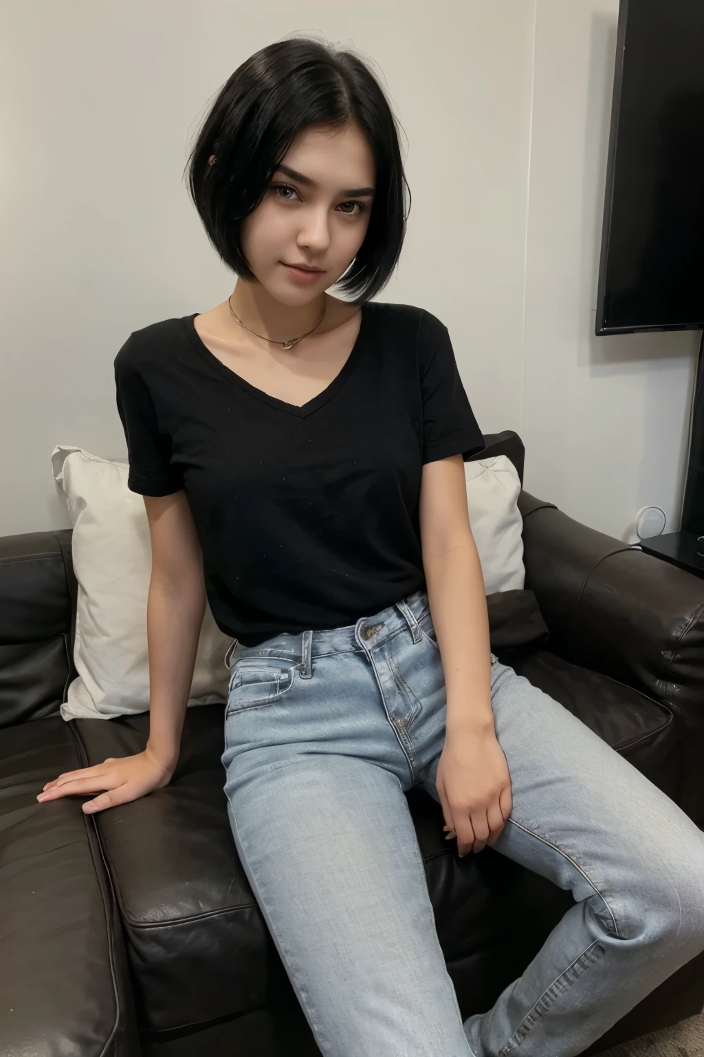 (16 year old girl) (slender body), ((black hair)) (short hair) (black eyes) (white skin). beautiful face, perfect and delicate face. expression of boredom. full body, girl with western face (tall girl) thin legs, thin arms (black jeans, plaid shirt)(black sofa, girl sitting) happy and cheerful girl