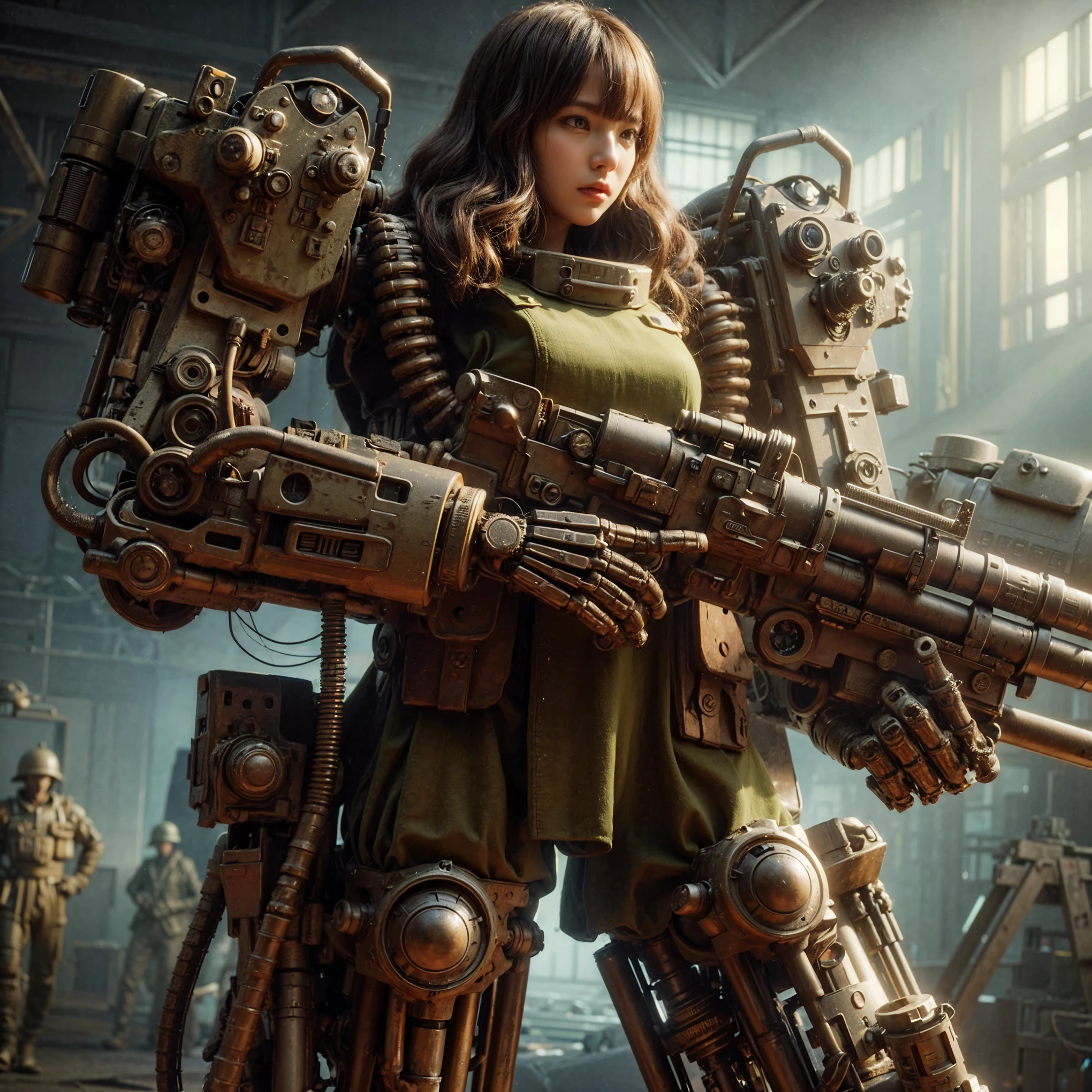 superrealism, ultra high res,8k,(Photorealsitic:1.4), (WWⅡ-like mechanical suit:1.2), designed by Hajime Katoki,heavy weapons,vivid textures,animal legs, gradation hair, japanese female soldier,(ultra beautiful face),((super realistic all textures)), ((super intricate all details)), full body shot, ultra sharp photo result, Olive Drab color, scratch, Rust, weathering, steampunk, taken with Fuji film X-T30+Nokton. HDR10,Minimum of 4 pieces created