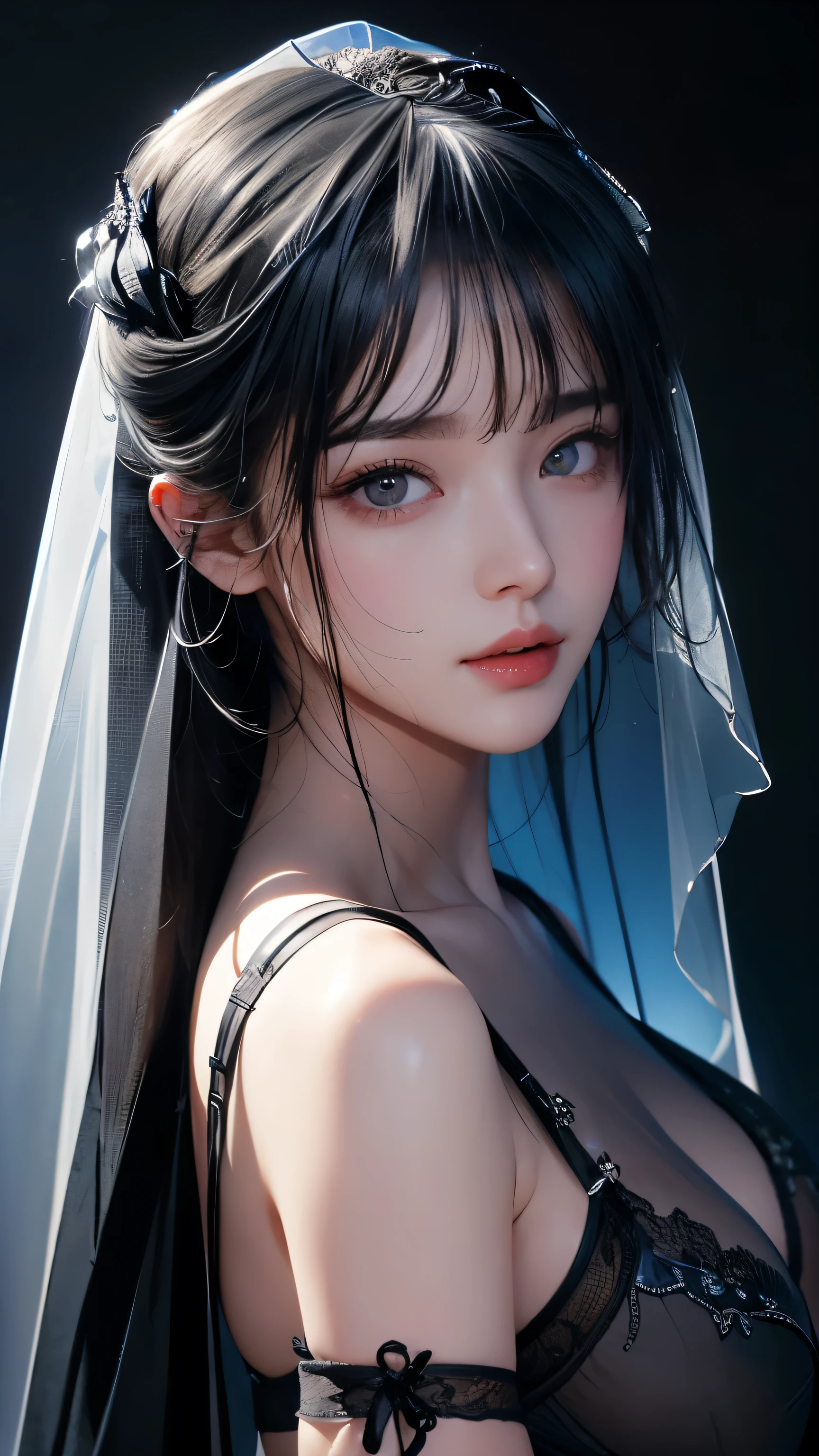 masterpiece, highest quality, Super detailed, Facing the camera, Super detailed, Realistic, Sharp features, Very detailed, Sharp focus, Perfect Face, Perfect symmetrical perfect eyes, Perfect Plump Lips, Flexible female form, Cinematic, Film Light, Super detailed, hyper Realistic, masterpiece, Atmospheric, High resolution, Vibrant, Dynamic Studio Lighting, ((Dark Background)), The expression when enduring pleasure, Straight bangs, blue eyes,Sexually aroused expression、(((She is wearing revealing black lingerie and a long transparent veil.)))
