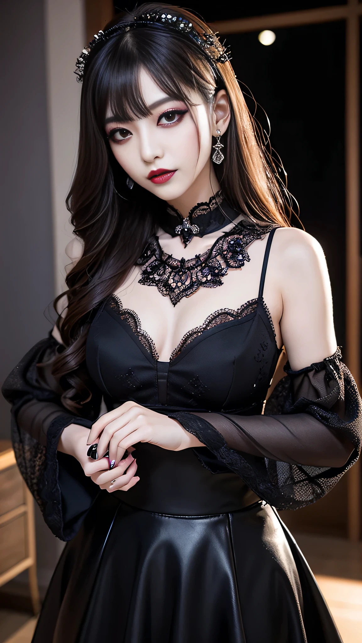 best quality、ultra-detailed、8k、Japanese、Japanese、Seductive beauty、seductive adult woman、Pretty Woman、cool girl、Villainess、brainwash makeup、Brainwashed、brainwash、Fallen into evil、smirk、Evil look、Wicked Smile、evil、Brown hair、wavy hair、swept bangs、dark makeup、dark makeup、piercing eyes、hollow eyes,half-closed eyes、Hollow Eyes、purple Eyeshadow、black lipstick、black lipglos、Lace fabric、black party dress、Wide sleeves、flare skirt、night、inside darkroom、Are standing、Look、Offer、shoot from below、Make up、Having lipstick、Swear allegiance、I have pledged my allegiance、Seduce、Evil female executive、Female Combatant