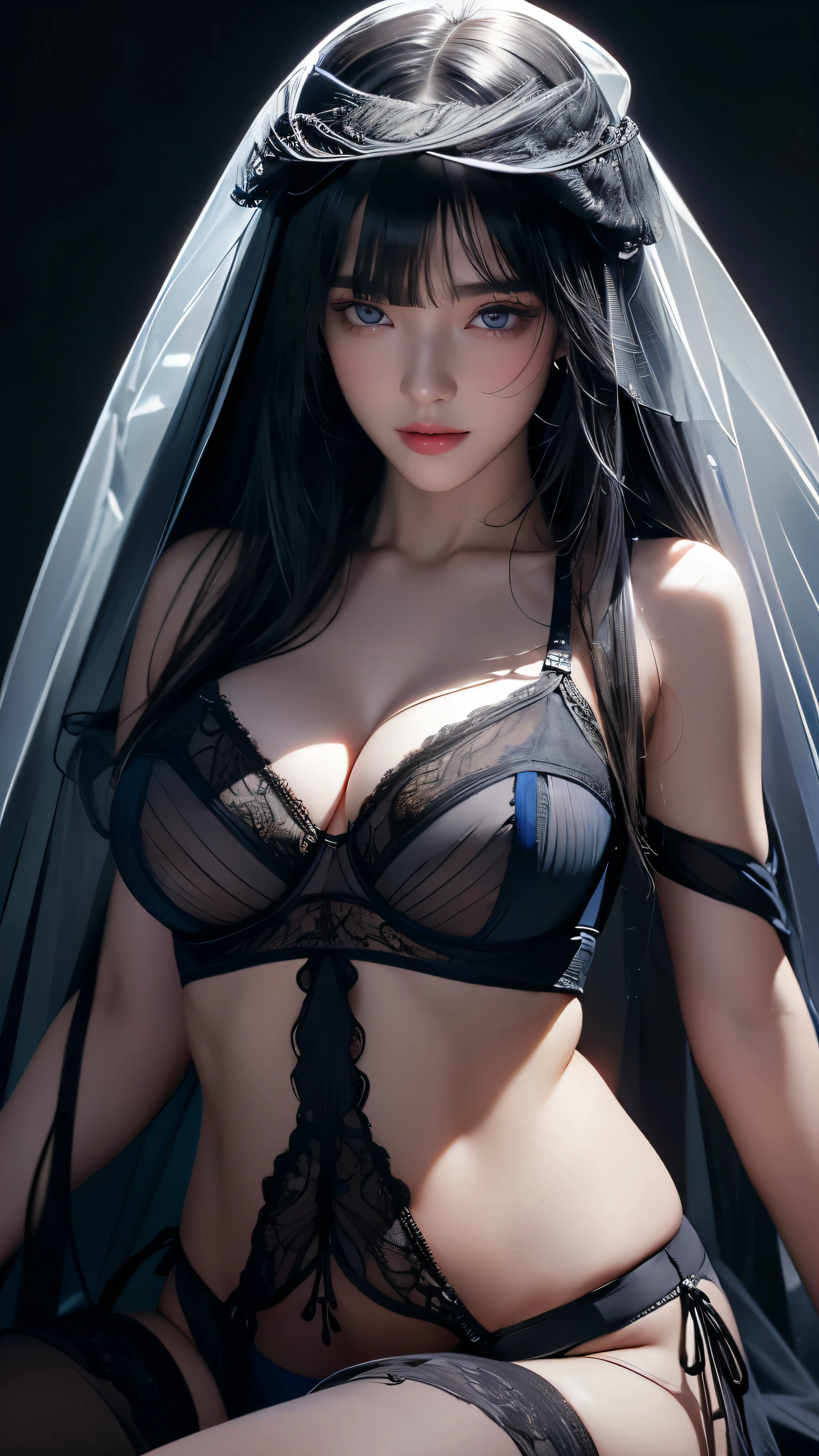 masterpiece, highest quality, Super detailed, Facing the camera, Super detailed, Realistic, Sharp features, Very detailed, Sharp focus, Perfect Face, Perfect symmetrical perfect eyes, Perfect Plump Lips, Flexible female form, Cinematic, Film Light, Super detailed, hyper Realistic, masterpiece, Atmospheric, High resolution, Vibrant, Dynamic Studio Lighting, ((Dark Background)), The expression when enduring pleasure, Straight bangs, blue eyes, aroused expression、(((She is wearing revealing black lingerie and a long transparent veil.)))