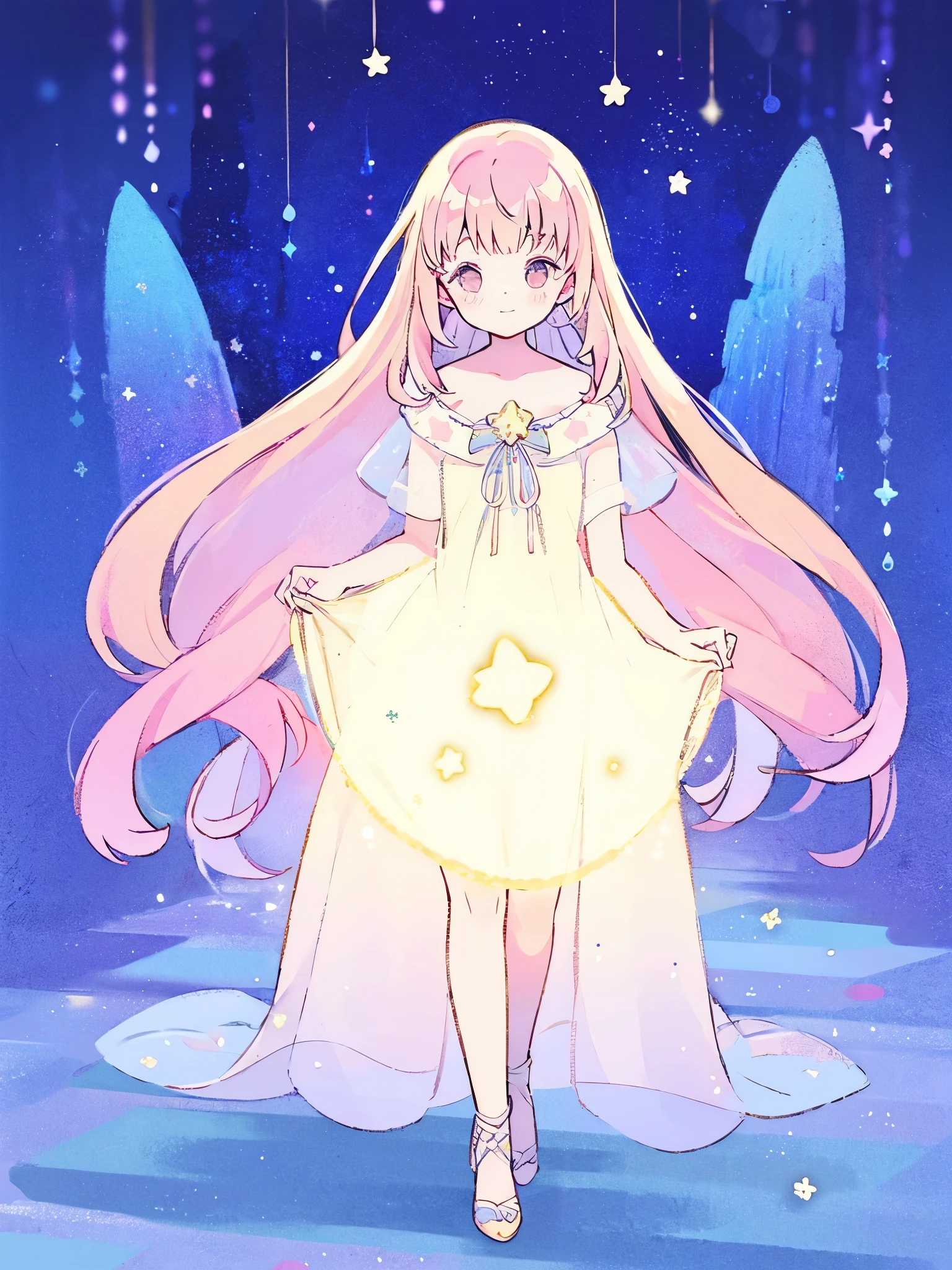 complex background, wishing star background, a woman wearing an ethereal mystical pink translucent dress that reflects the stars, perfume promo art, mystic, complex drawing, highly detailed, Covergirl brand, promo art, artistic rendition, ethereal, starry night, midjourney style
