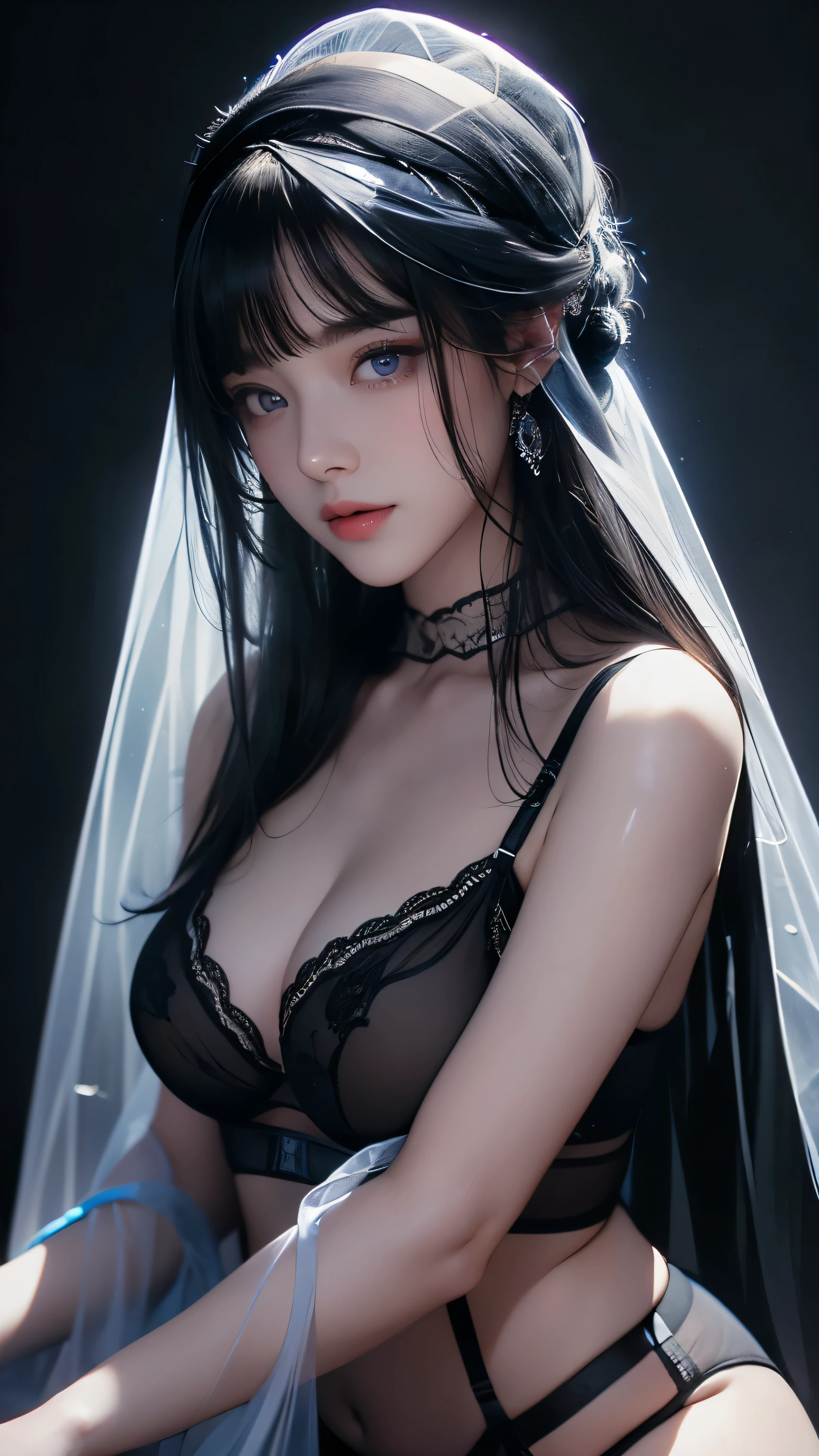 masterpiece, highest quality, Super detailed, Facing the camera, Super detailed, Realistic, Sharp features, Very detailed, Sharp focus, Perfect Face, Perfect symmetrical perfect eyes, Perfect Plump Lips, Flexible female form, Cinematic, Film Light, Super detailed, hyper Realistic, masterpiece, Atmospheric, High resolution, Vibrant, Dynamic Studio Lighting, ((Dark Background)), The expression when enduring pleasure, Straight bangs, blue eyes,Sexually aroused expression、(((She is wearing revealing black lingerie and a long transparent veil.)))