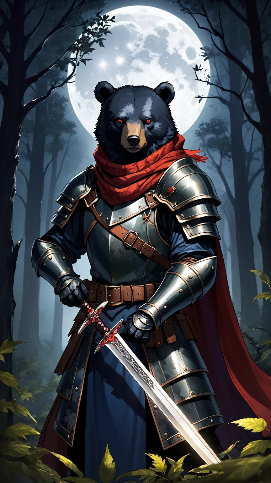 “anthropomorphic_bear vivid eyes face detail”, wearing a ((camouflage leather armor)), a dark blue mantle and a red-lived scarf holding a medieval dagger. Dark envoused forest at night in front of a huge moon, foliage, gloomy and dark environment, high in detail and improvement enhaced.