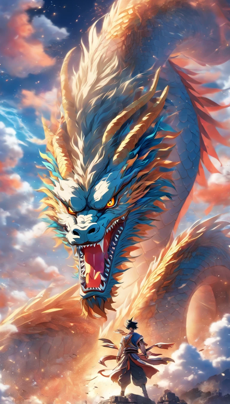 (tmasterpiece), (Best quality at best), Cinematic quality，Rendered by Octane，Ultra-detailed details，Cloud dragon composed of white clouds，Huge Chinese dragon，Slender dragon body，body of revolution，Dragon tail，Dragon's Horn，dragon claw，
