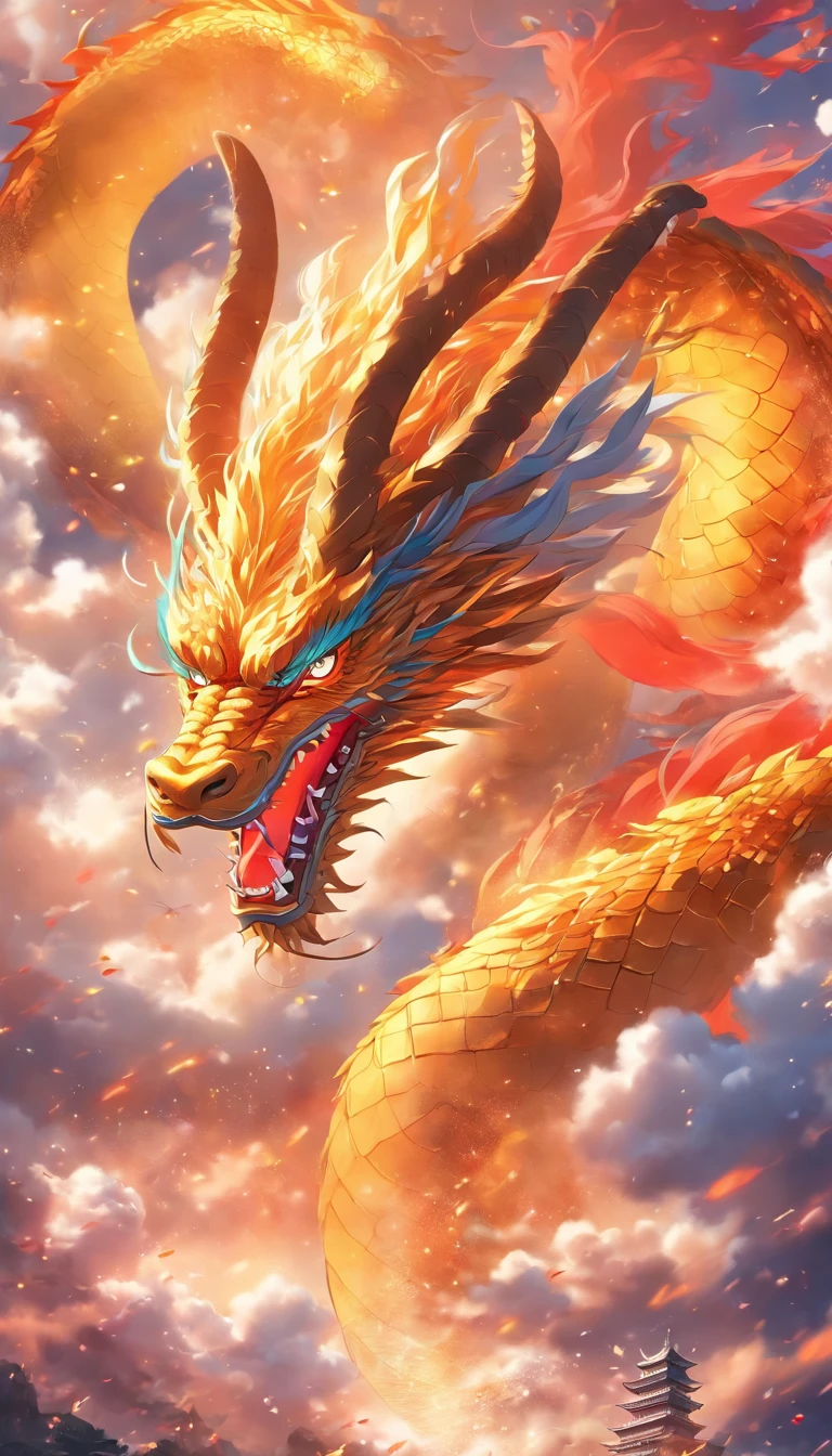 (tmasterpiece), (Best quality at best), Cinematic quality，Rendered by Octane，Ultra-detailed details，Cloud dragon composed of white clouds，Huge Chinese dragon，Slender dragon body，body of revolution，Dragon tail，Dragon's Horn，dragon claw，