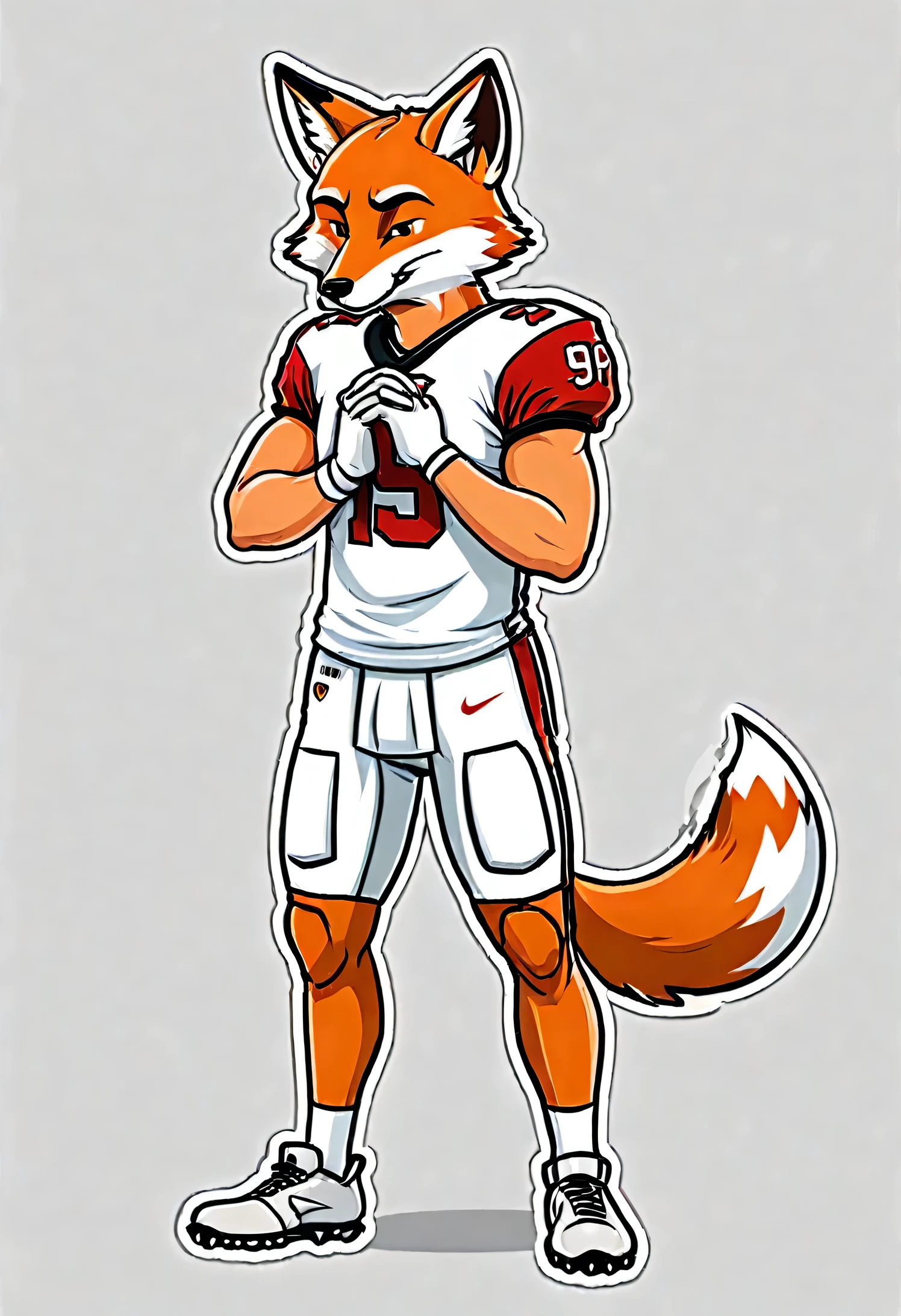 stickers character stern fox football player presses his hands to his chest, bends over, apologizes, asks for forgiveness, in the style of Vladimir Suteev
