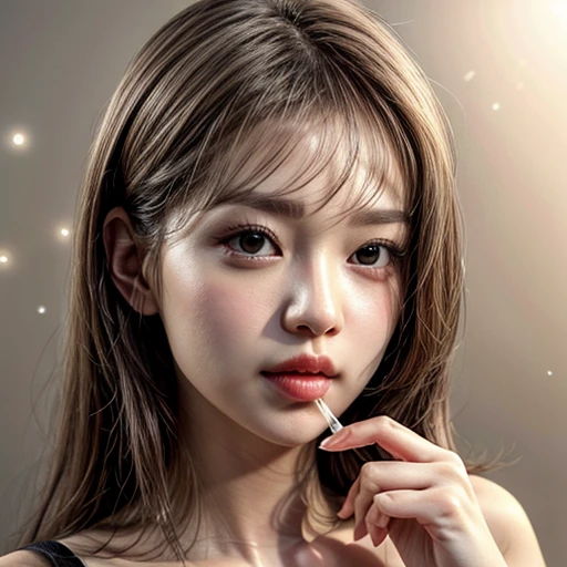 (highest quality,Super detailed,Physically Based Rendering:1.2), (RAW, Realistic, Photorealistic:1.37), (Acutance:0.85),Portraiture,Beautiful young woman with Delicate facial features,Soft lighting, ((Playfully licking finger with tongue, Gently placing a finger in the mouth)), (Close-up shot of sensual lips),Cheeks turn slightly red,A gentle and captivating gaze, cute BabyLike finger . Studio gray background, Light Particles, many blurred colorful Lights (dazzling bokeH) . BREAK . (((NOGIZAKA face variations)))  Extremely Detailed very KAWAII face variations, elaborate detailed Eyes with (sparkling highlights:1.2), (Voluminous long eyelashes:0.9)、Glossy RED Lips with beautiful details, Coquettish tongue, Rosy cheeks, Radiant PearlSkin with clear transparency, (Natural:0.7) Detailed FlawlessSkin with glowing DowneyHair . { (Dynamic LifeLike expressions) | :d) }, (large eyes:-1) . mouth_hold