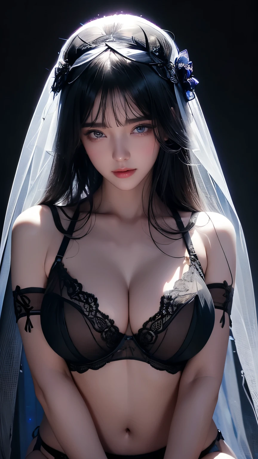 masterpiece, highest quality, Super detailed, Facing the camera, 複雑に詳細なSuper detailed, Realistic, Sharp features, Very detailed, Sharp focus, Perfect Face, Perfect symmetrical perfect eyes, Perfect Plump Lips, Flexible female form, Cinematic, Film Light, Super detailed, hyper Realistic, masterpiece, Atmospheric, High resolution, Vibrant, Dynamic Studio Lighting, ((Dark Background)), The expression when enduring pleasure, Straight bangs, blue eyes,Sexually aroused expression、(((She is wearing revealing black lingerie and a long transparent veil.)))