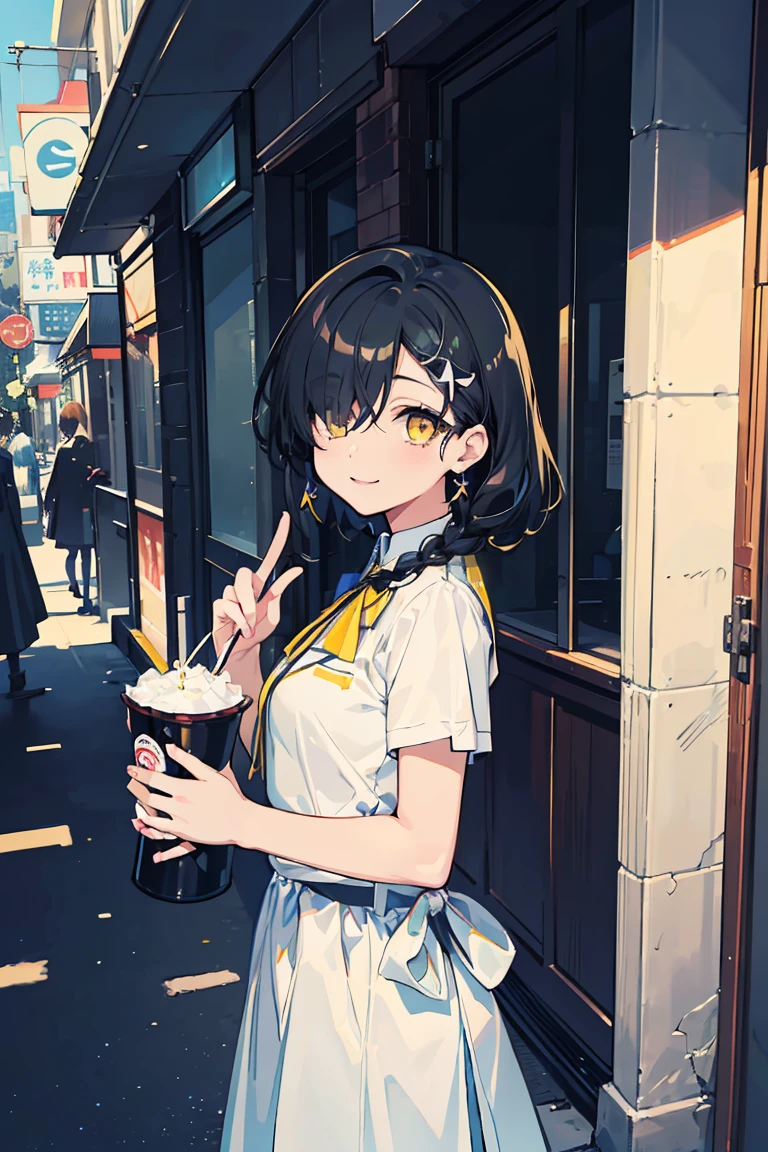 (1 girl), (((Hair in one eye))), Cowboy Shot, White sarashi, Bontang, smile, (super high quality), masterpiece, cute, Looks busy, She is wearing fashionable clothes, beautiful表情 , Warm sunshine, Street atmosphere, urban environment. Perfect body,Fresh, (Asymmetrical bangs:1.3), Braided hair, Highly detailed face and eyes, (Black Hair, Deep gradation yellow eyes:1.2),(Shining highlight eye), Digital Art, beautiful, Cinema Lighting, by Yusuke Murata.tonality, Romanticism, modern art, Impressionism, reflected light, 8k, masterpiece, Advanced Details, highest quality