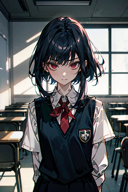1 girl,(short dark blue hair), red eyes, white collared shirt, navy blue skirt, small breasts, , blood, scared(face close up, the masterpiece, Best quality:1.2), 8K,(1 girl, Upper body:1.7), masterpiece, Best quality, 8K, absurd, Beautiful face, summer , perspective, depth of field, from below, metal signs, Building, bright white light classroom, brand new classroom, school desk and chairs, books, white light, Slim, HDR, (Bypassing bleach, ginnokoshi:0.8), face world, cinematic lighting, Professional lighting, high contrast, Sharp Focus, a high resolution, photo, hyperrealistic, ultra detailed, sharp detailed, small parts,Official art, Hoang Lap, Gothic, school vest with loose red tie and pin, jewelry,silver bagde, (smokey eye shadow with glitter, Glazed pink red lip:0.9), very detail and bright background, HDR, Face light, hyperrealistic, a high resolution, photo, granularity, color difference, Sharp Focus, HDR, Face light source, dynamic lighting, cinematic lighting, Professional shadows, dark shadow, highest detail,very detailed,Hyper detail,small parts,white shirt,Exquisite facial features,detailed faces and eyes,sharp students,realistic student,( blue hair color:1.4)