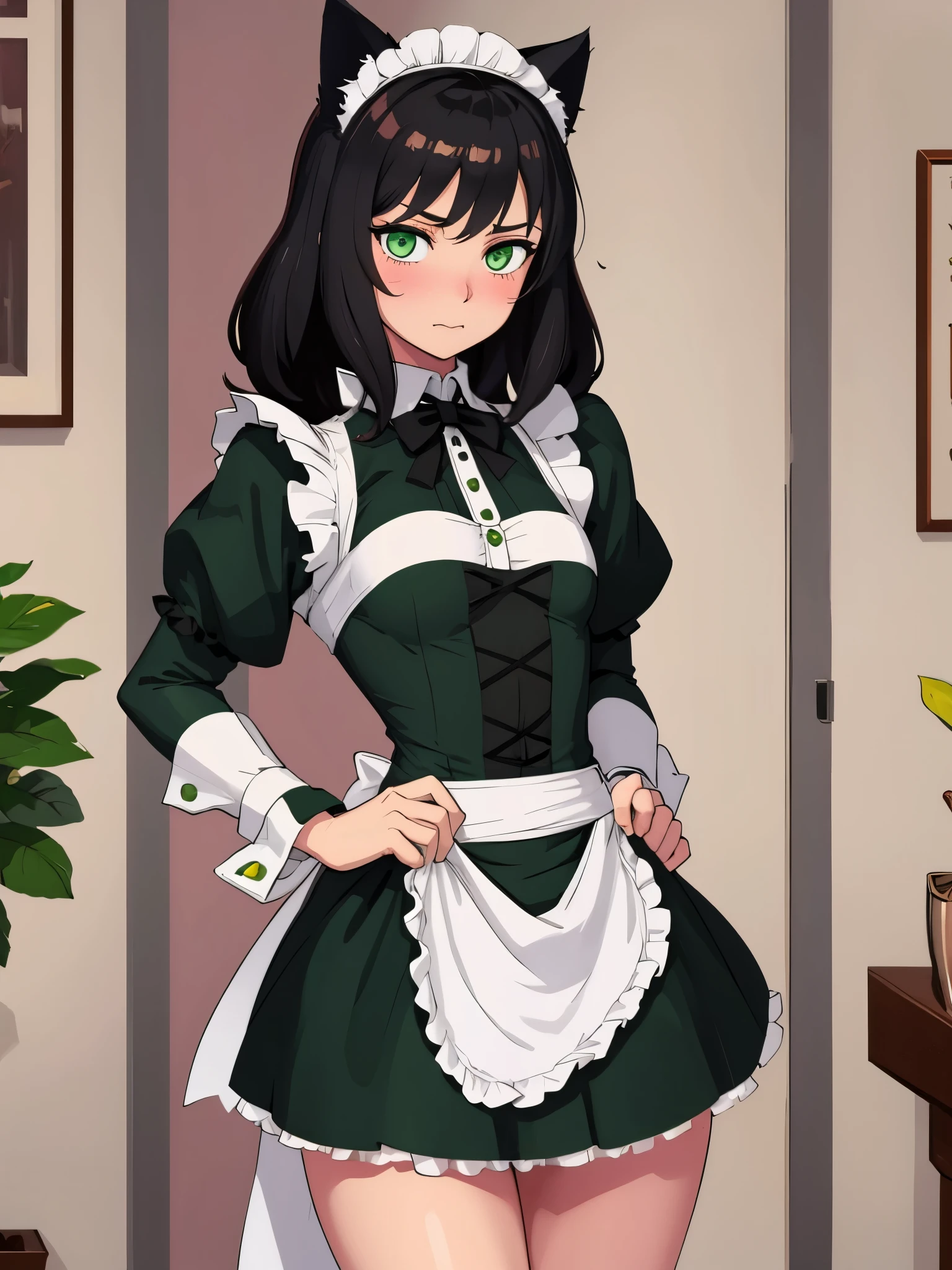 (masterpiece, best quality:1.2), aka6, 1girl, solo, medium hair, black hair, green eyes, cat eyes, slim body, cheerfull, happy, blush, closed mouth, small breasts, maid outfit, catgirl