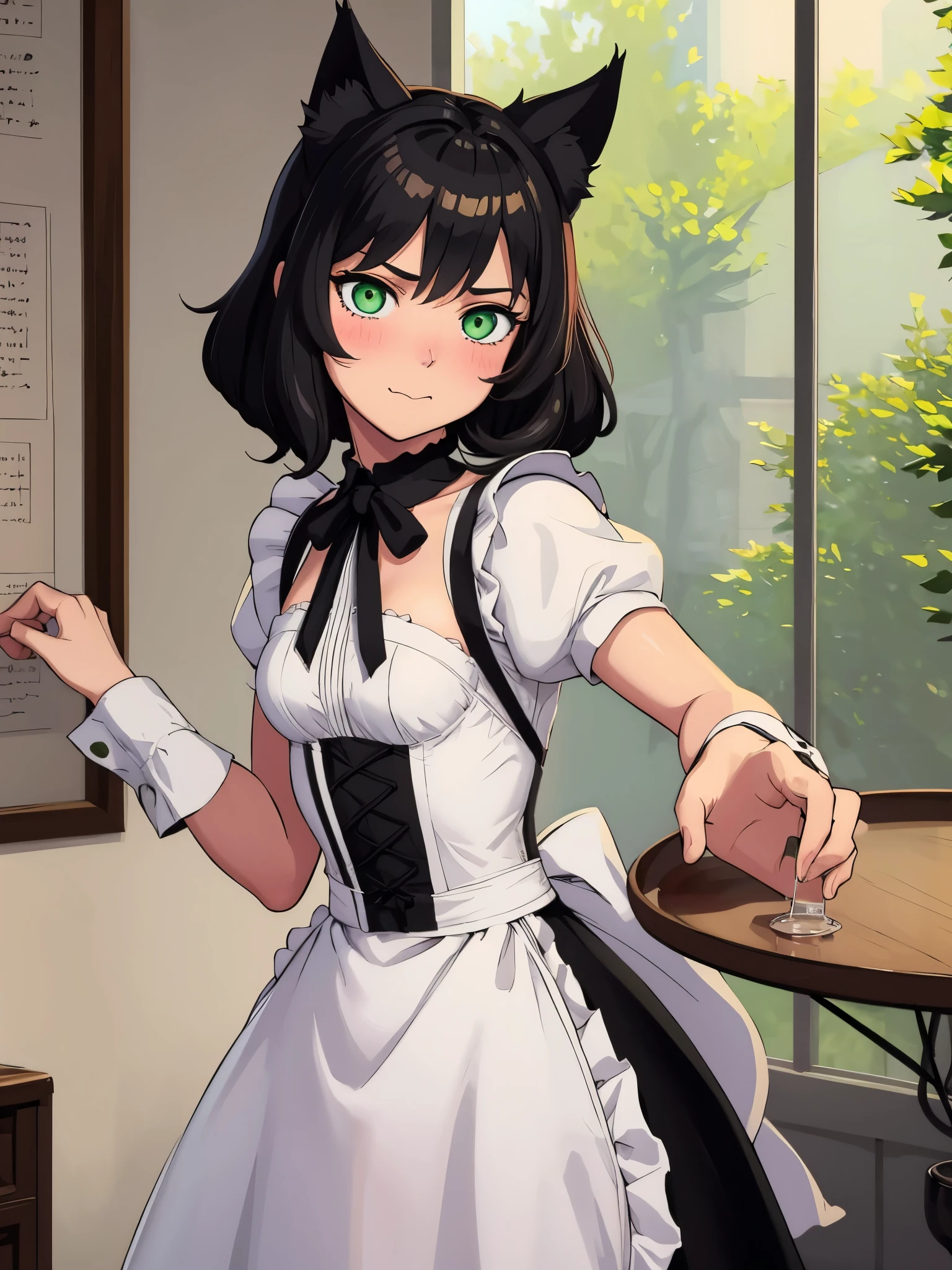 (masterpiece, best quality:1.2), aka6, 1girl, solo, medium hair, black hair, green eyes, cat eyes, slim body, cheerfull, happy, blush, closed mouth, small breasts, maid outfit, catgirl