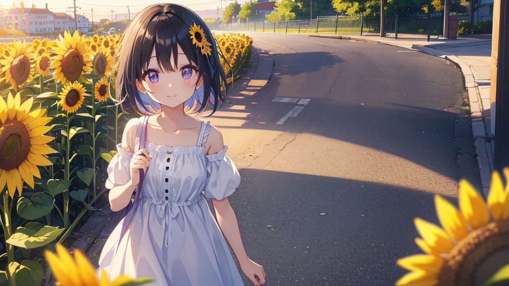 Masterpiece、Beautiful light、landscape、pastel colour、Summer Morning、A cute girl walking down the street、smile、Bob Hair、Black Hair、Droopy eyes、Eyes are purple、Beautiful light、dream-like、Sunflower is blooming
